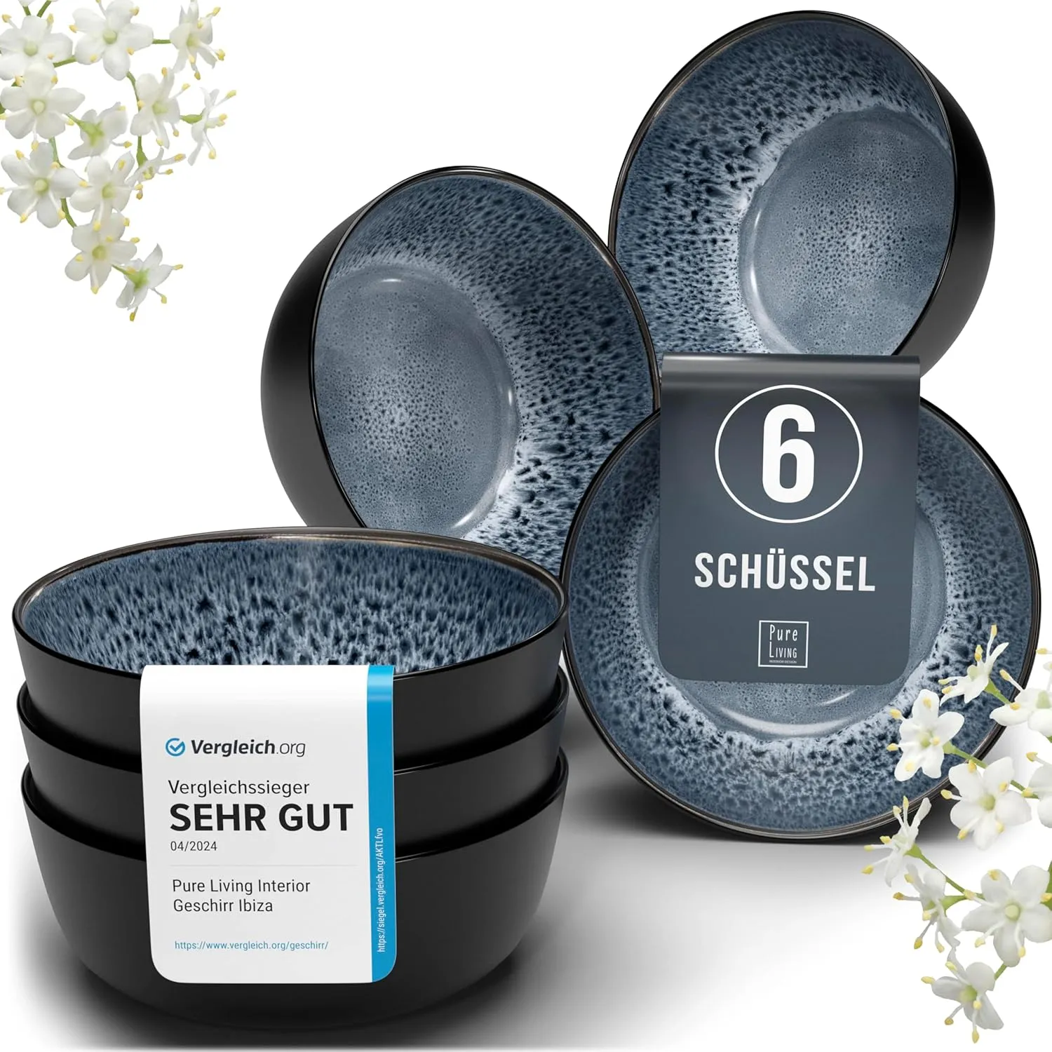 Steingut Müslischalen 6 Pers. Ibiza Hochwertiges Mediterranes TEST SEHR GUT Müsli Schüssel Set, spülmaschinen-, mikrowellen- und Kratzfest - Kleine Schüsseln, Müslischale - Pure Living in Rauchblau