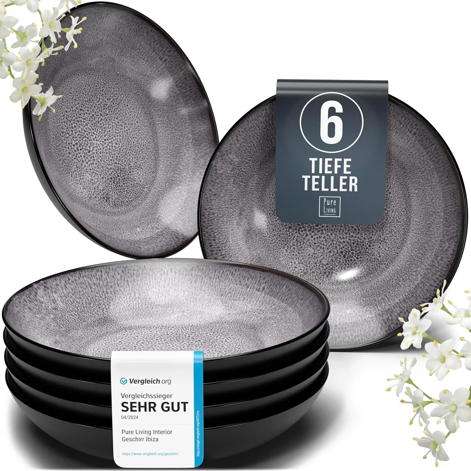 Steingut Suppenteller 6 Personen Ibiza TESTSIEGER, Traumhaftes Mediterranes Steingut Tiefe Teller Set, Pasta Teller Tie…