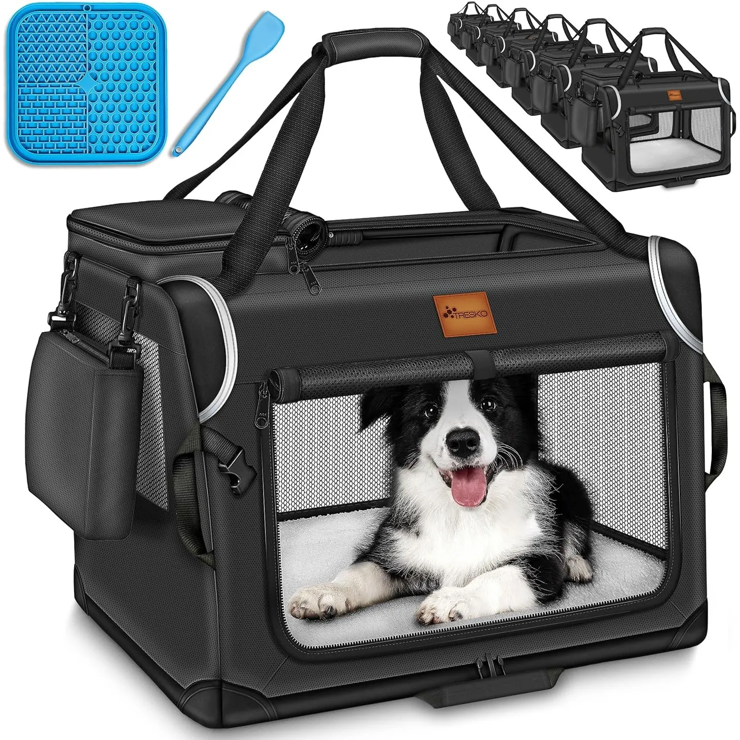 TRESKO® Hundebox faltbar mit Leckmatte, Spatel & Reflektoren XXL 92x63x63cm | Transportbox für Hunde und Katzen | Hunde…