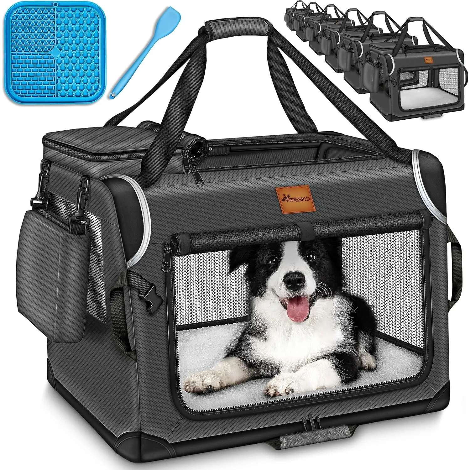 TRESKO® Hundebox faltbar inkl. Leckmatte, Spatel & Reflektoren M 61x42x42cm | Transportbox für Hunde und Katzen | Hunde…