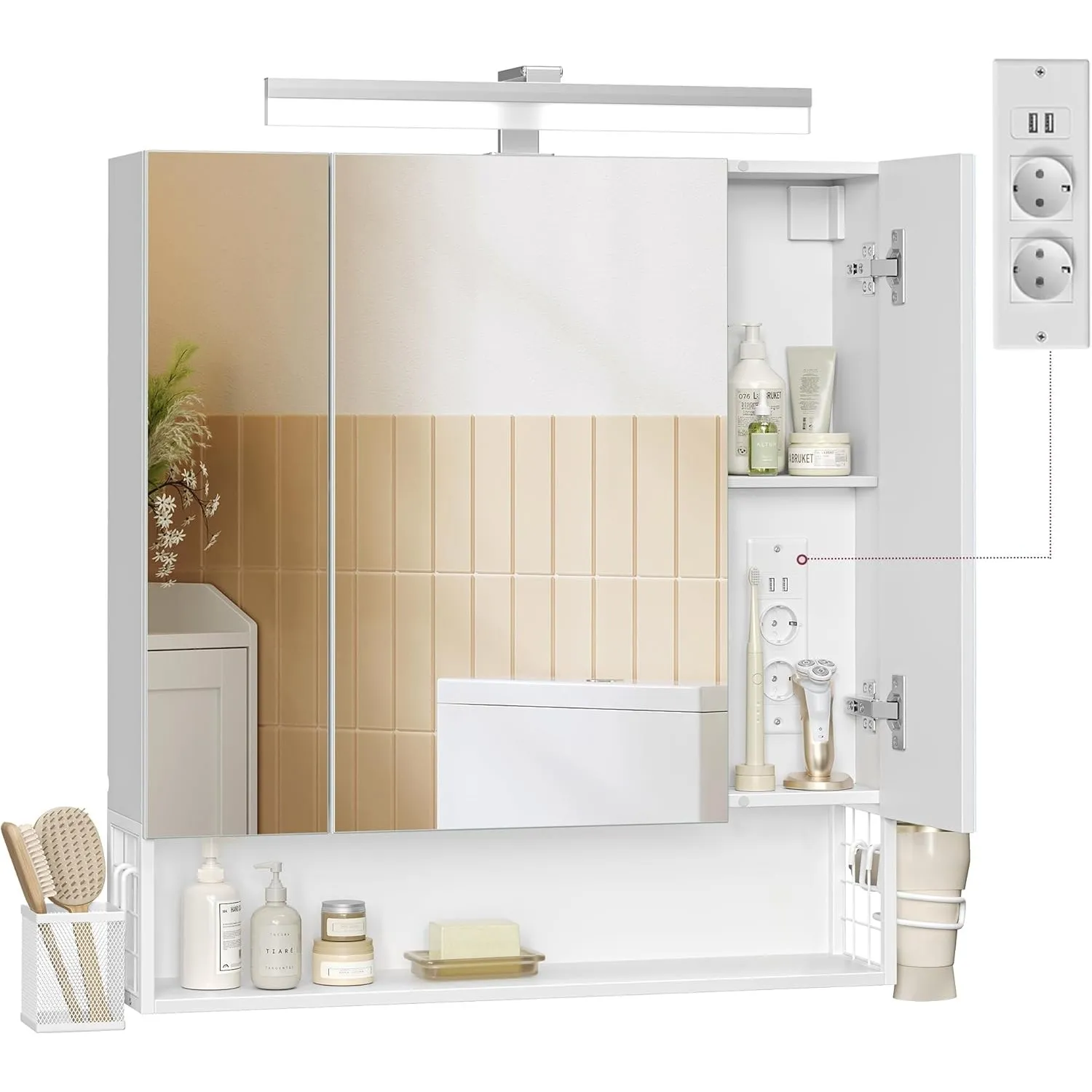 VASAGLE Spiegelschrank Bad mit Beleuchtung, Stecker, Hängekorb, Haartrockner-Halter, Badezimmerschrank, Badschrank, Wan…