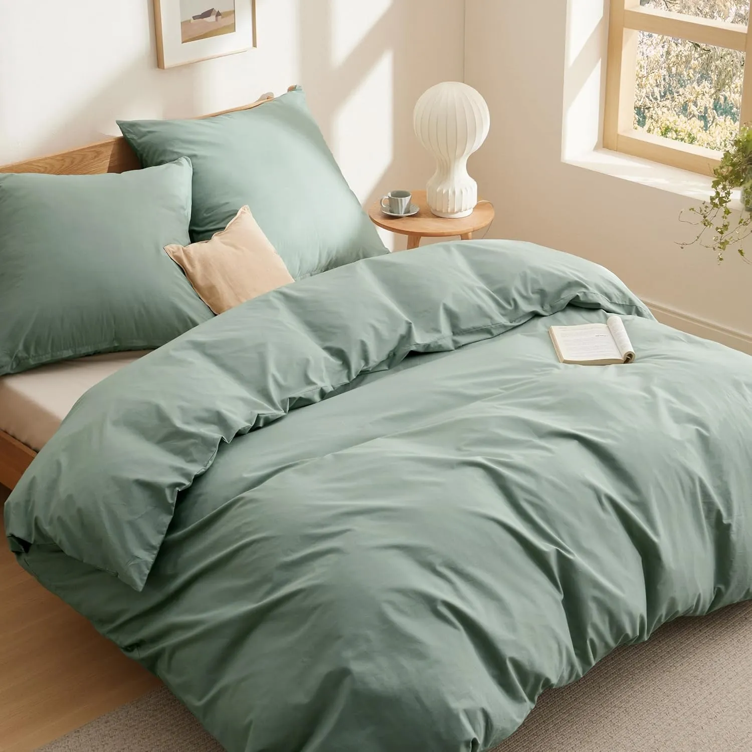 BEDSURE Bettwäsche 200x200 Baumwolle 3tlg. - Salbeigrün Set 2x80x80 Kissen