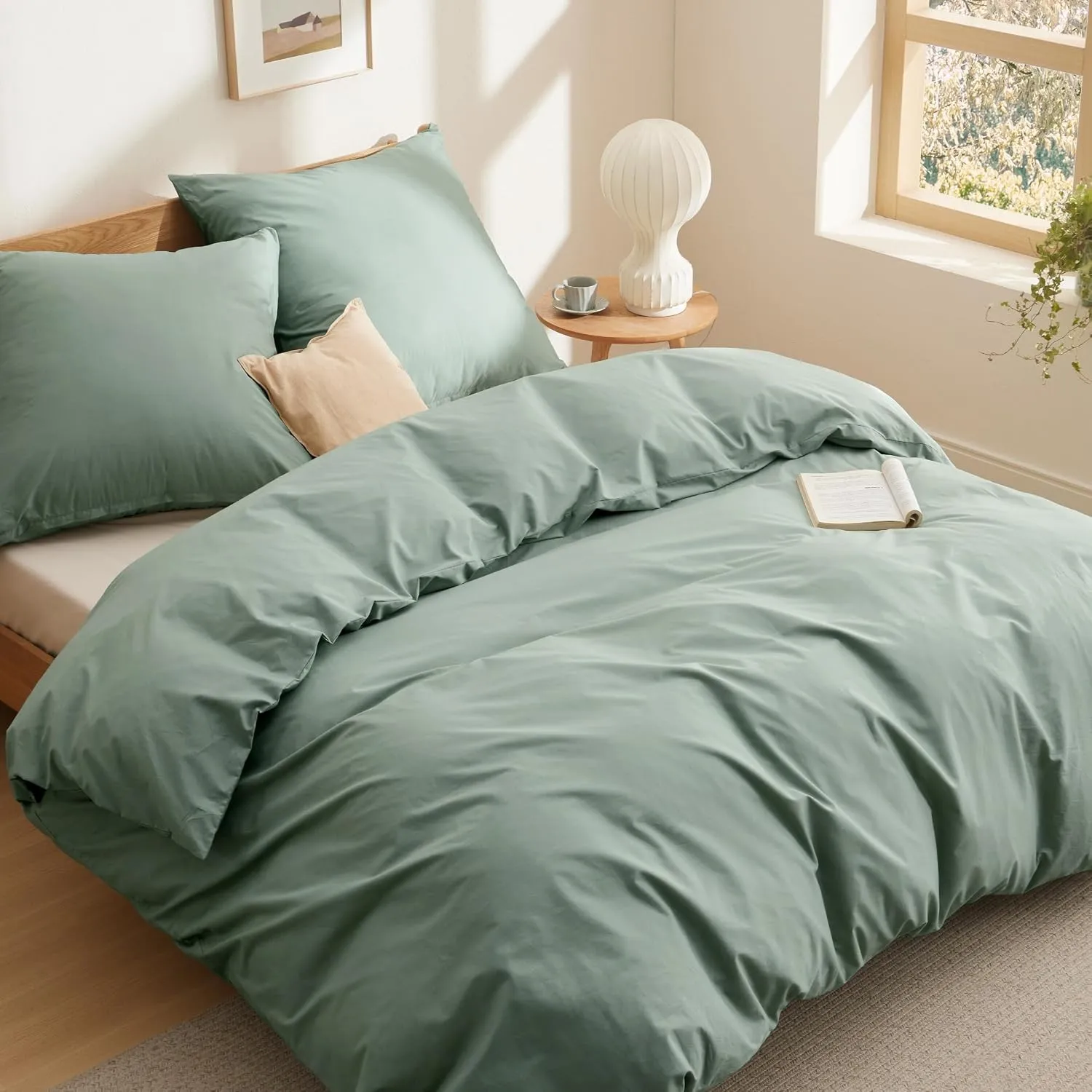 BEDSURE Bettwäsche 155x220 Baumwolle 3tlg. - Salbeigrün Set 2x80x80 Kissen