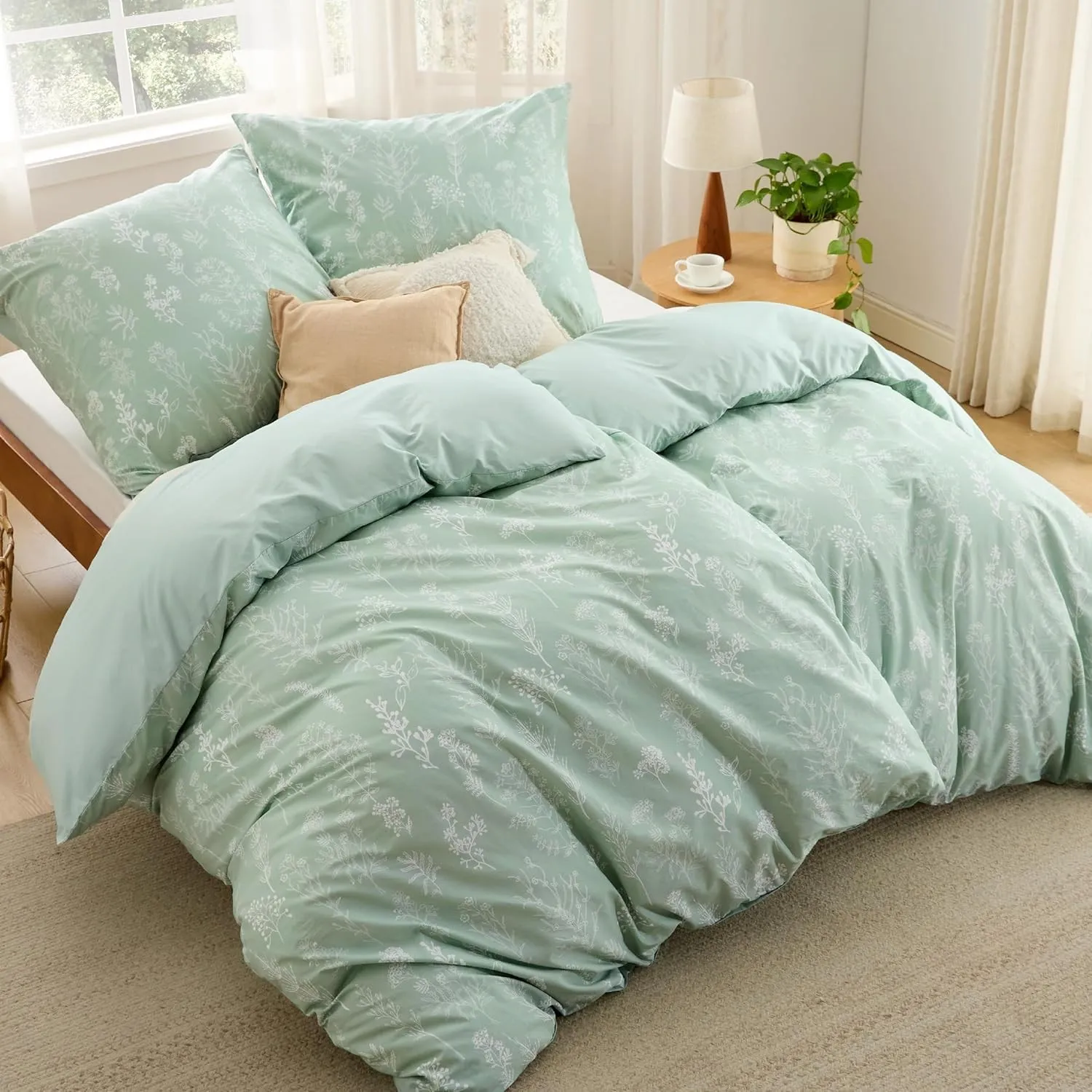 BEDSURE Bettwäsche 135x200 4teilig Baumwolle - Bettwäsche-Sets Grün Bettbezug 2er Set mit 2 Kissenbezüge 80x80 cm, ÖKO-…