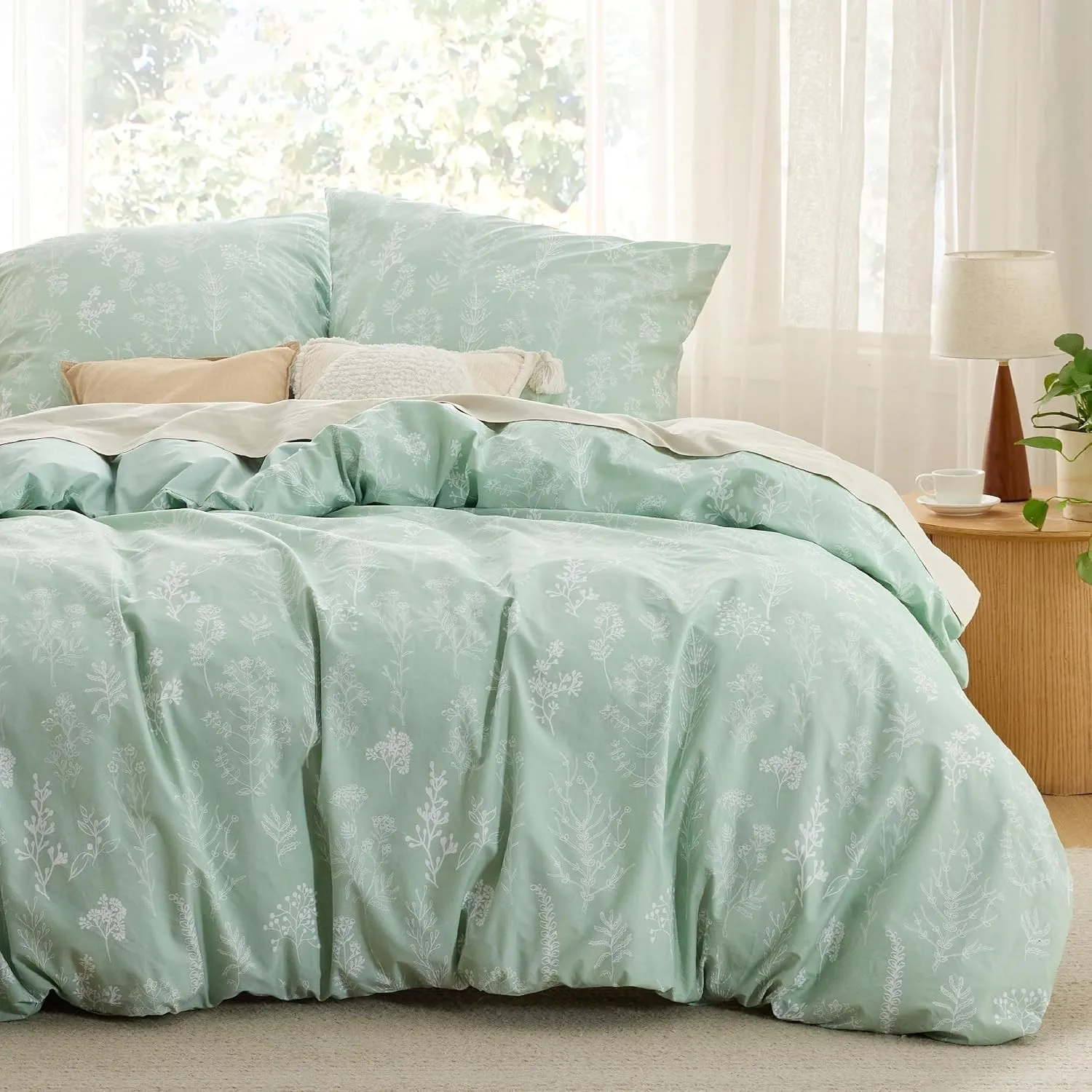 BEDSURE Bettwäsche 220x240 Baumwolle 3teilig - Grün Blumen