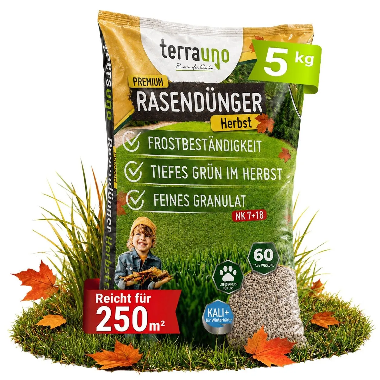 TerraUno Premium Herbstdünger Rasen, gesunder Rasen verdrängt Moos & Unkraut, Rasendünger Herbst mit 60 Tage Langzeitwi…