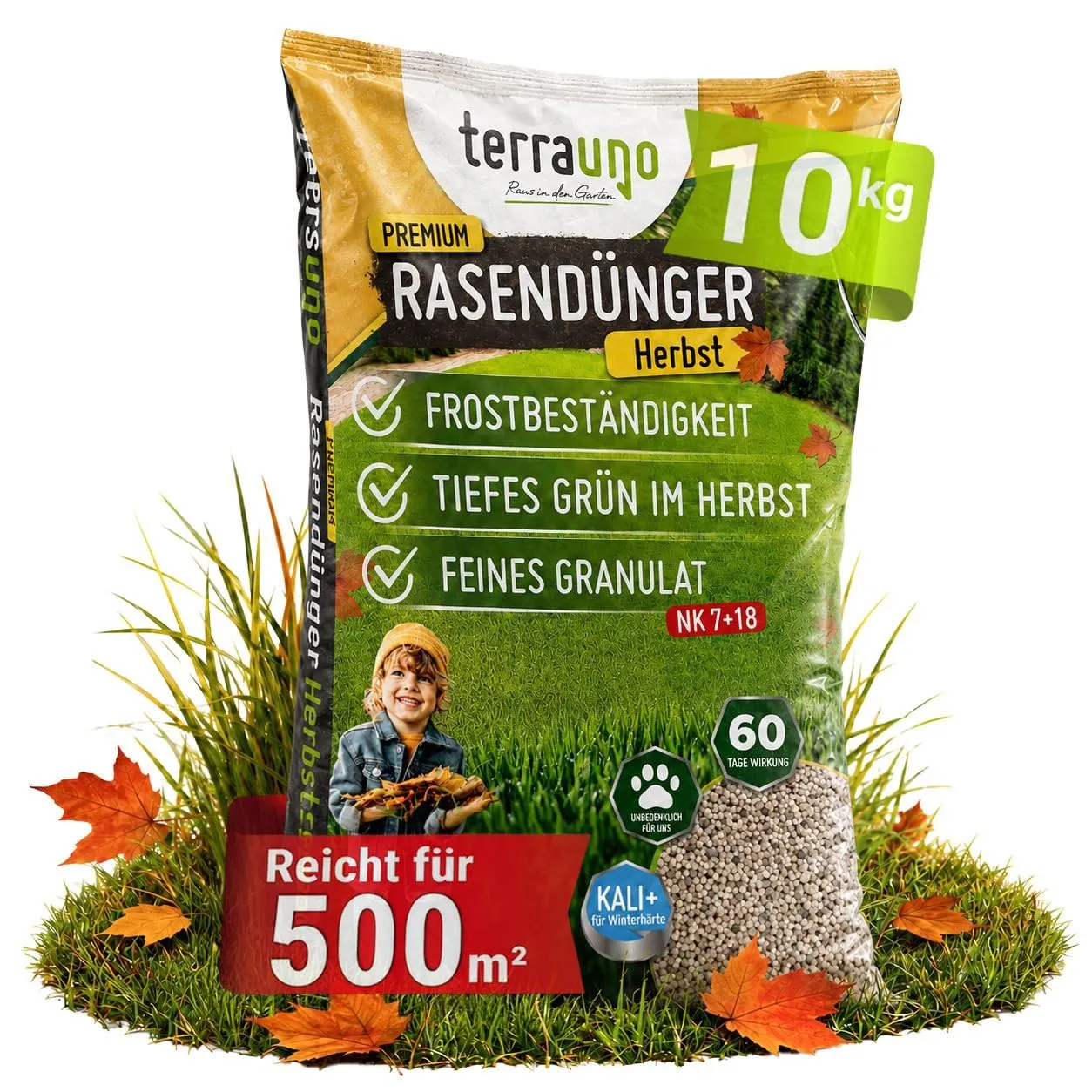 TerraUno Premium Herbstdünger Rasen, gesunder Rasen verdrängt Moos & Unkraut, Rasendünger Herbst mit 60 Tage Langzeitwi…