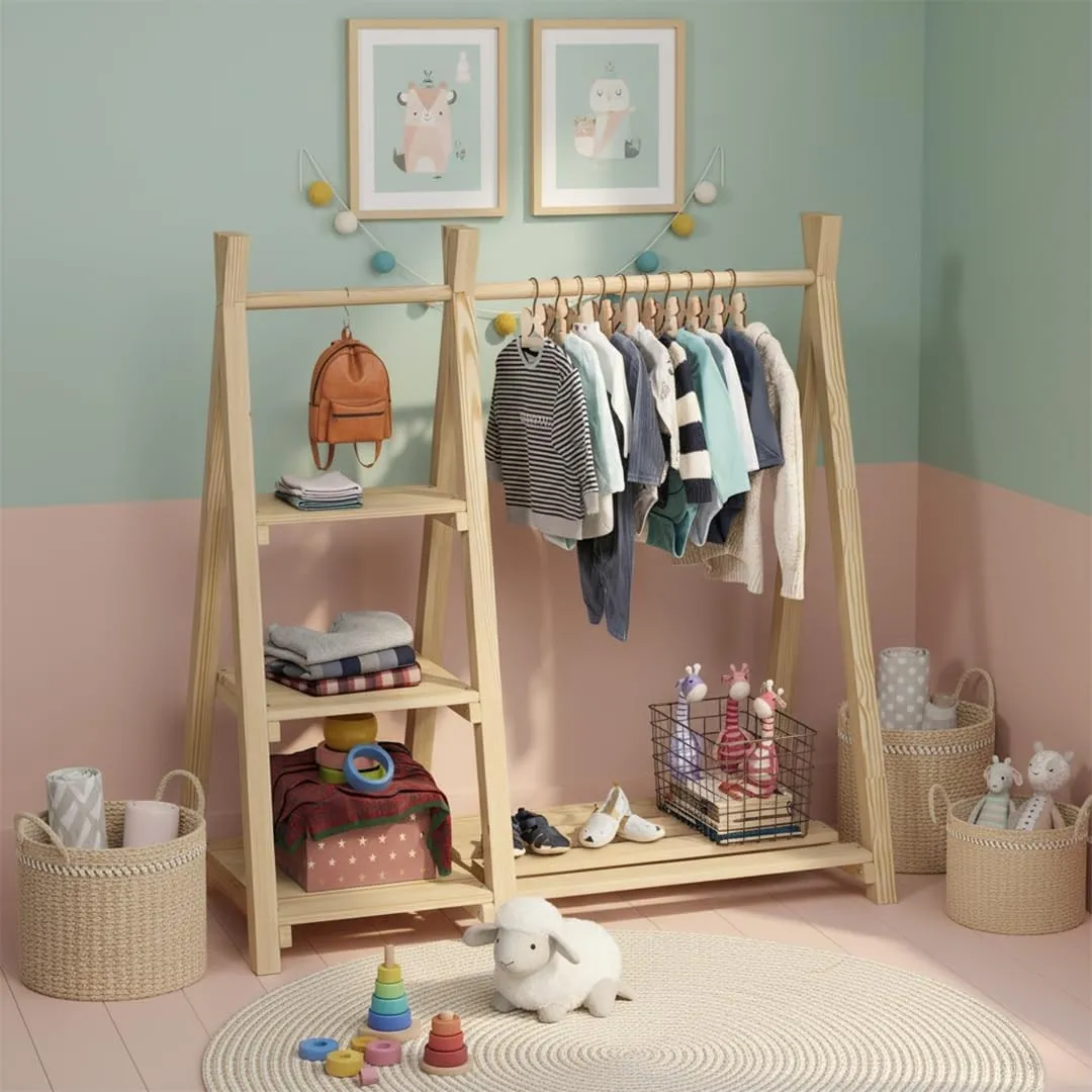Bellabino Ryck Kleiderstange für Kinder, Natur, 4 Ablageflächen, Massivholz
