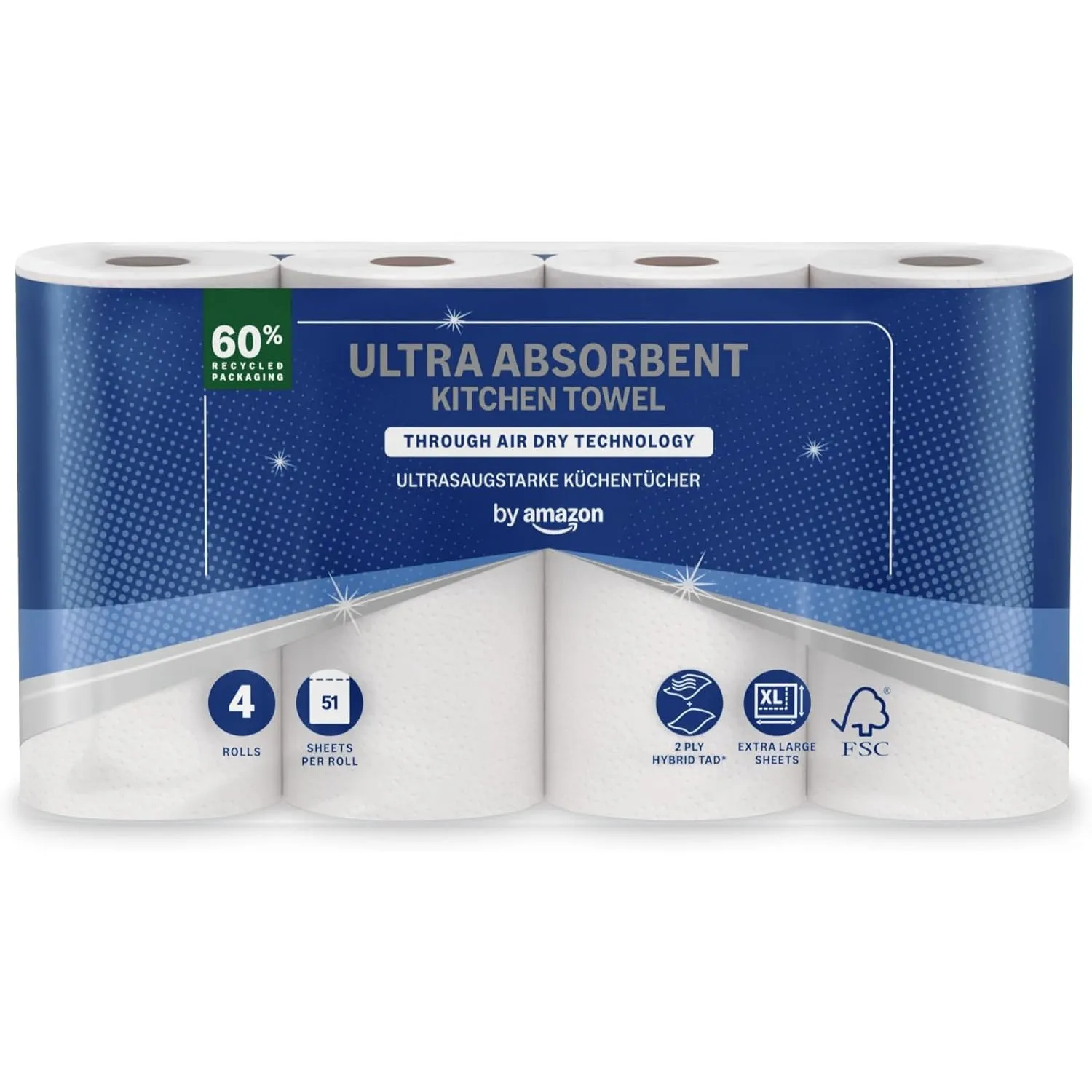by Amazon Ultrasaugfähige TAD Küchenrolle, 4 Rollen (1er-Pack), 51 Blatt pro Rolle, FSC-Zertifiziert