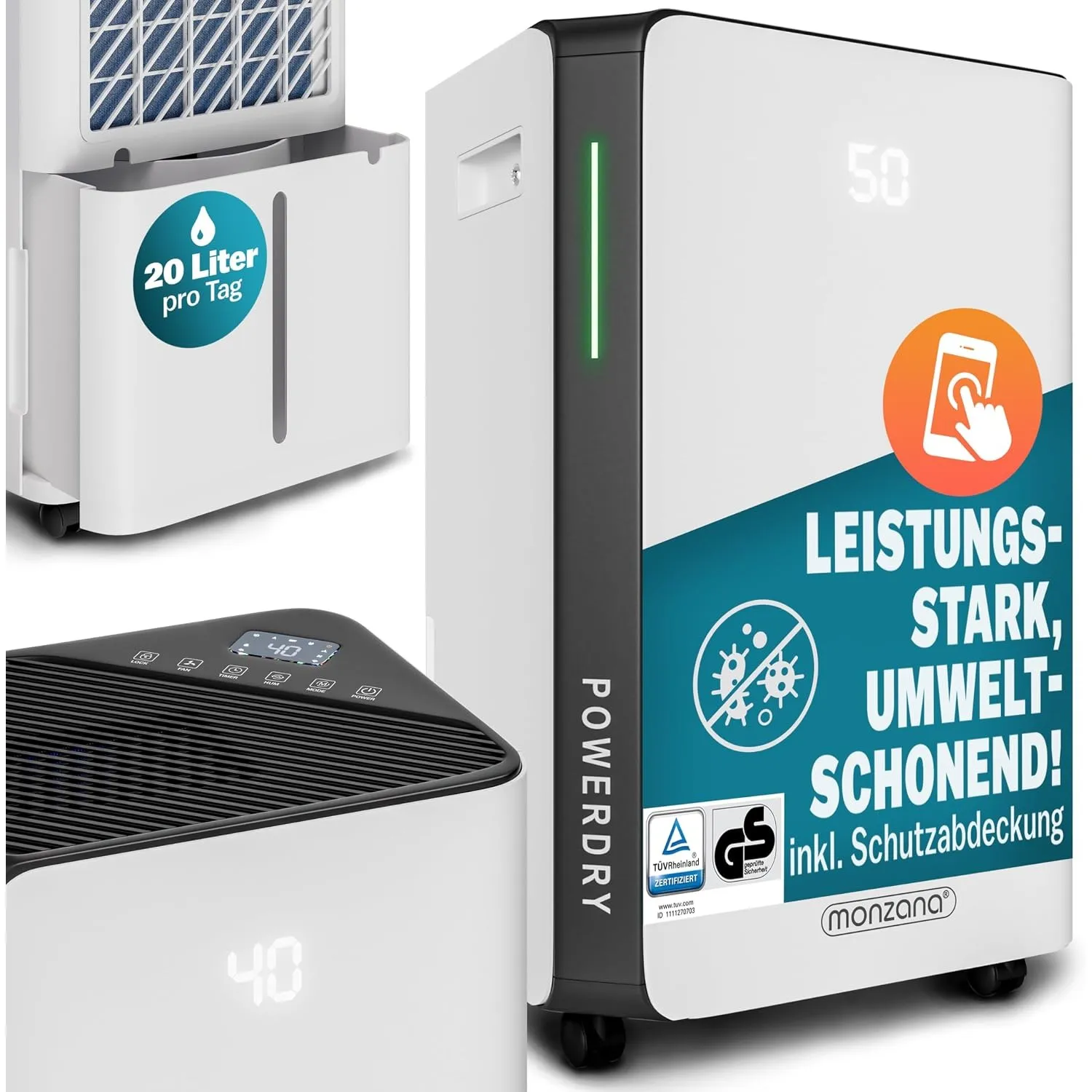MONZANA® Luftentfeuchter elektrisch 20-30m² 20L/Tag LED-Display 24-Std-Timer Raumentfeuchter Bad Wohnung Wifi Smart Hom…
