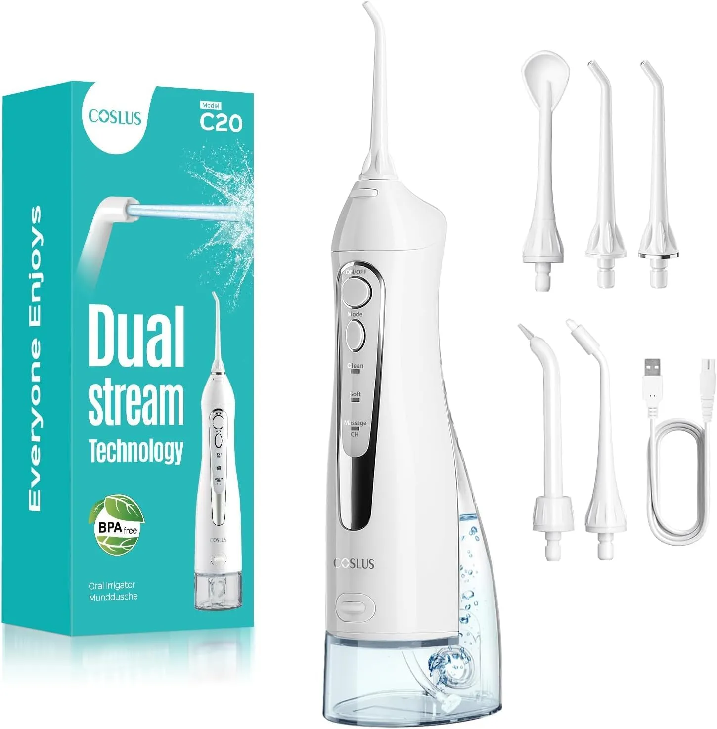 COSLUS Trragba Electric Wireless Oral Irrigator C20(F5020E): 300 ml Water Tank Test Winner 2026 IPX7 Waterproof for Ora…