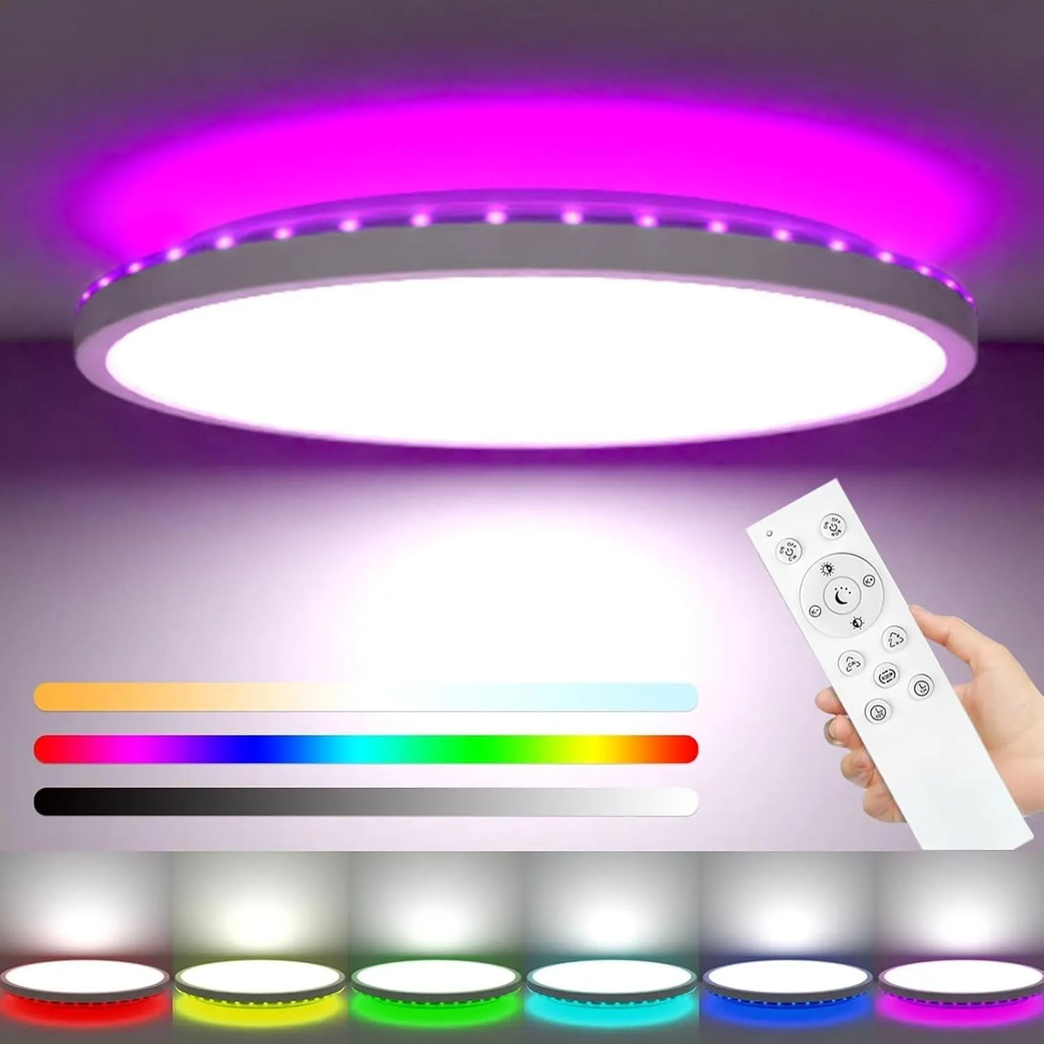 zemty LED Deckenleuchte Dimmbar 30CM, 24W 3200LM RGB Deckenlampe Farbwechsel, 3000K-6500K Badezimmer Lampe IP54 Wasserf…