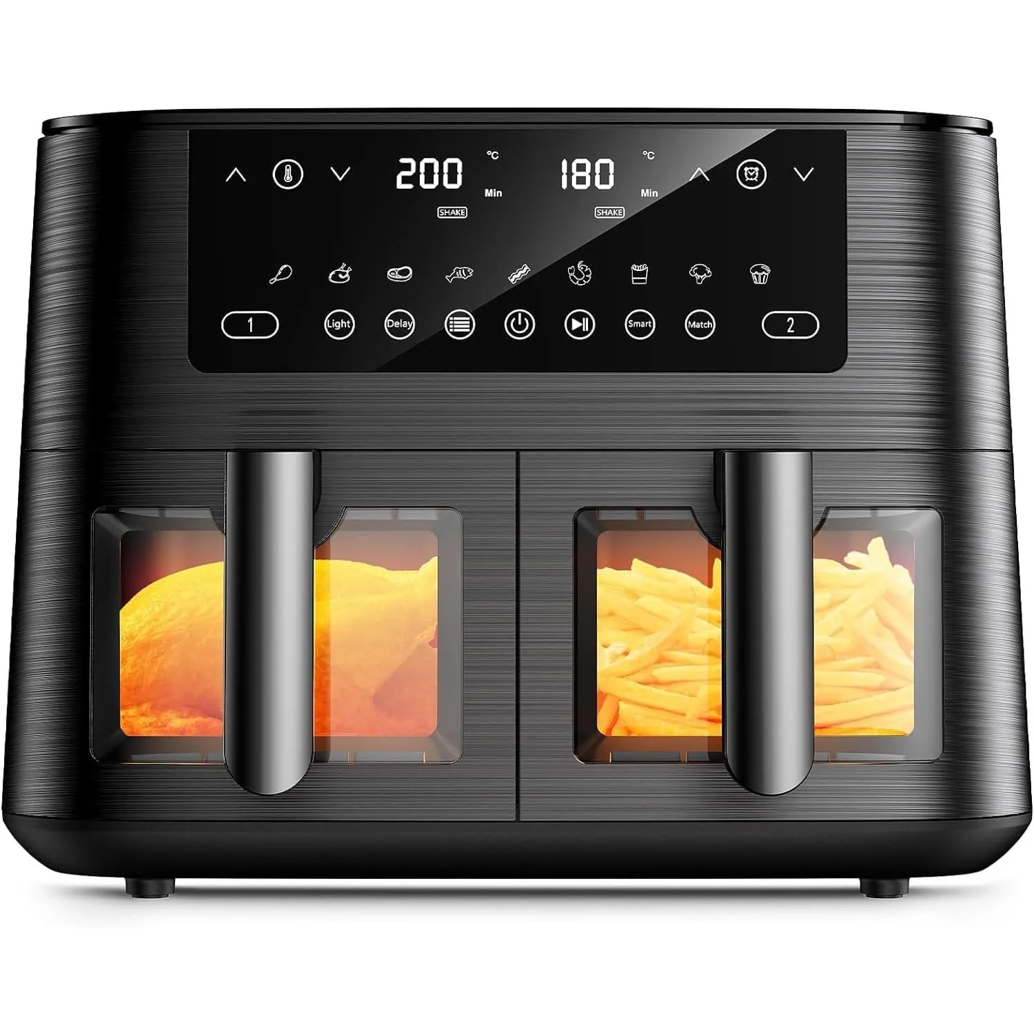 Heißluftfritteuse 2 kammern mit Sichtfenster, 9L Airfryer, 2 Fächer, 9-in-1, Touchscreen, Spülmaschinenfeste Körbe, Ant…