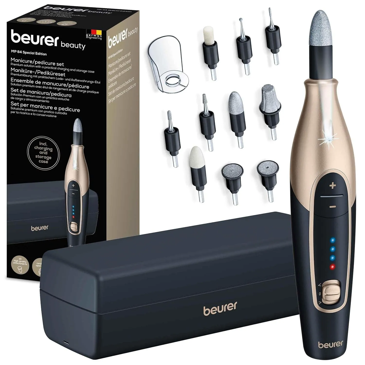 Beurer MP 84 Special Edition Maniküre-/Pediküreset, elektrische Nagelfeile mit Akku, 10 Aufsätze, LED-Licht, inkl. Aufb…