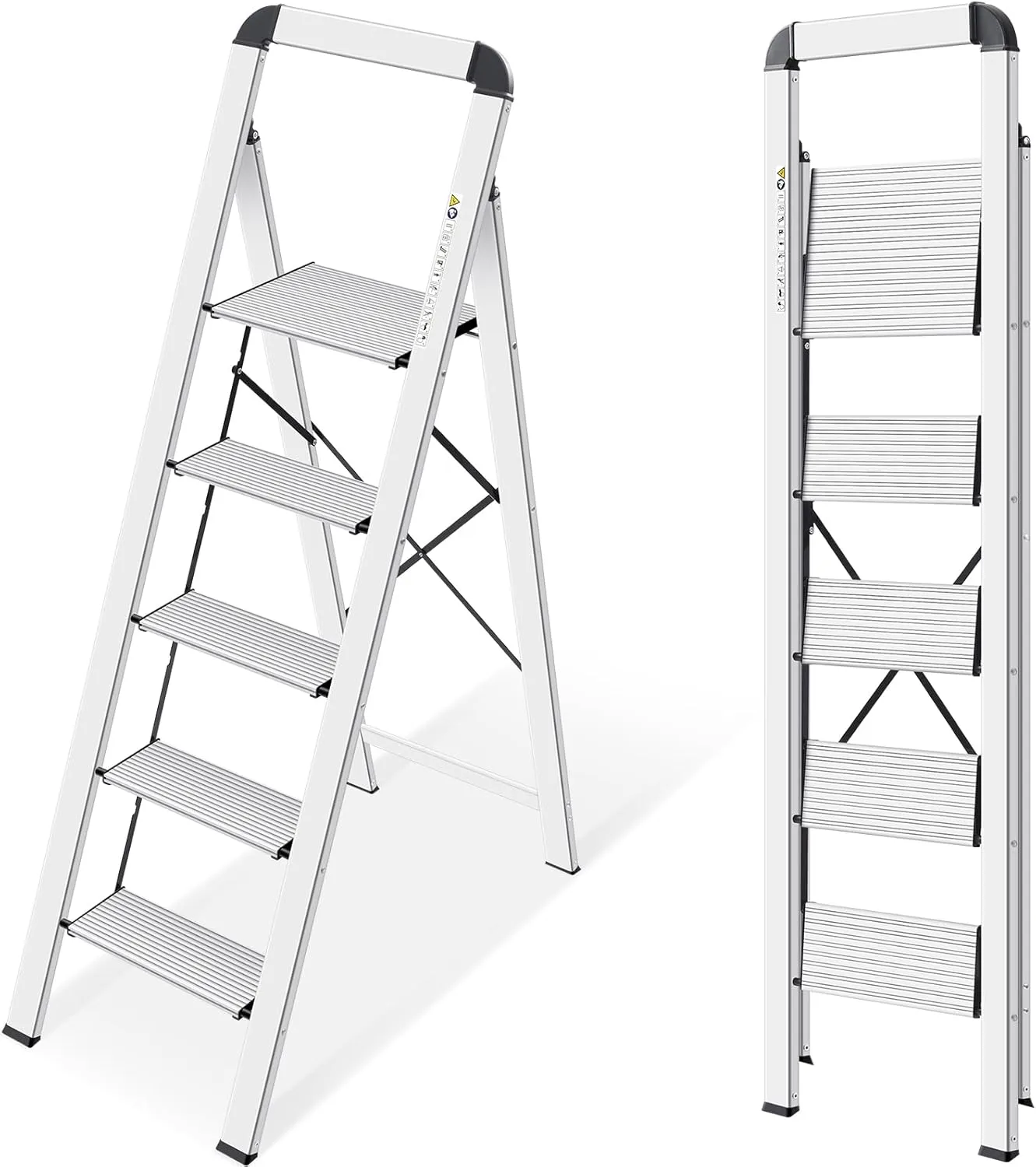 KINGRACK Stufenleiter, 5 Stufen, klappbare Stufenleiter mit Handlauf, rutschfeste Haushaltsleiter mit Klappsicherung, A…