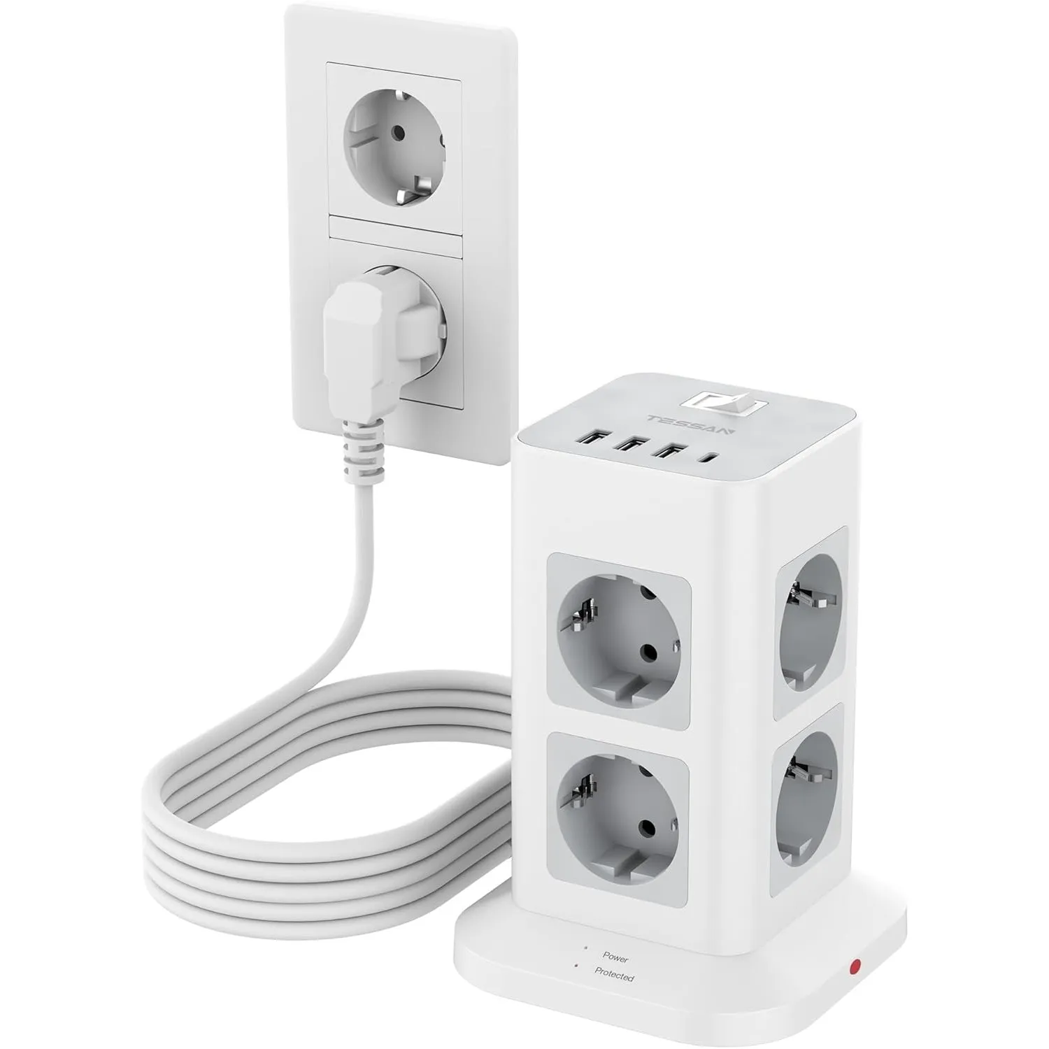 TESSAN 8 Fach Mehrfachsteckdose mit USB C, Verlängerungskabel 5M mit 4 USB und Steckdosenleiste Überspannungsschutz, 36…
