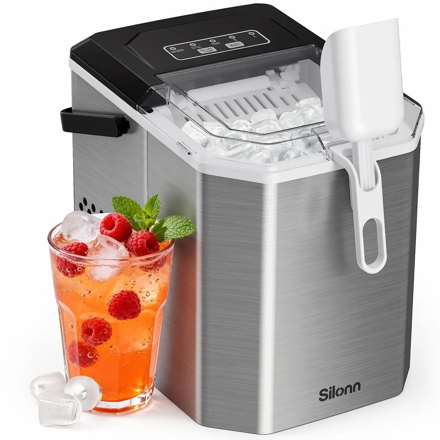 Silonn Eiswürfelmaschine mit Griff-Eiswürfelkorb – Tragbar & Selbstreinigend, Mini Ice Maker 9 Eiswürfel/6 Min. 12 KG/T…