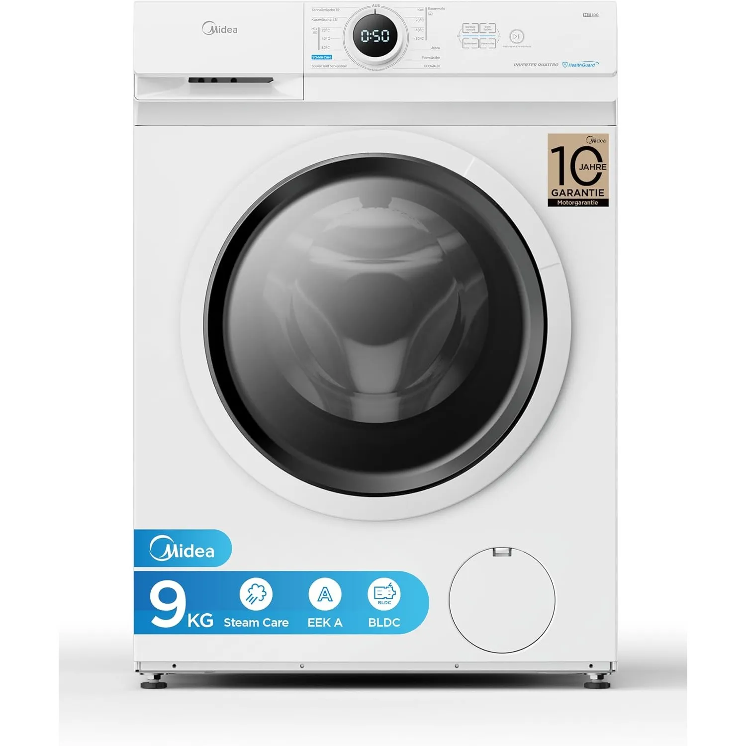 Midea Waschmaschine 9 kg Energieklasse A 1400 U/min Weiß MF10EW90B | Inverter Quattro Motor, Dampffunktion, große Tromm…