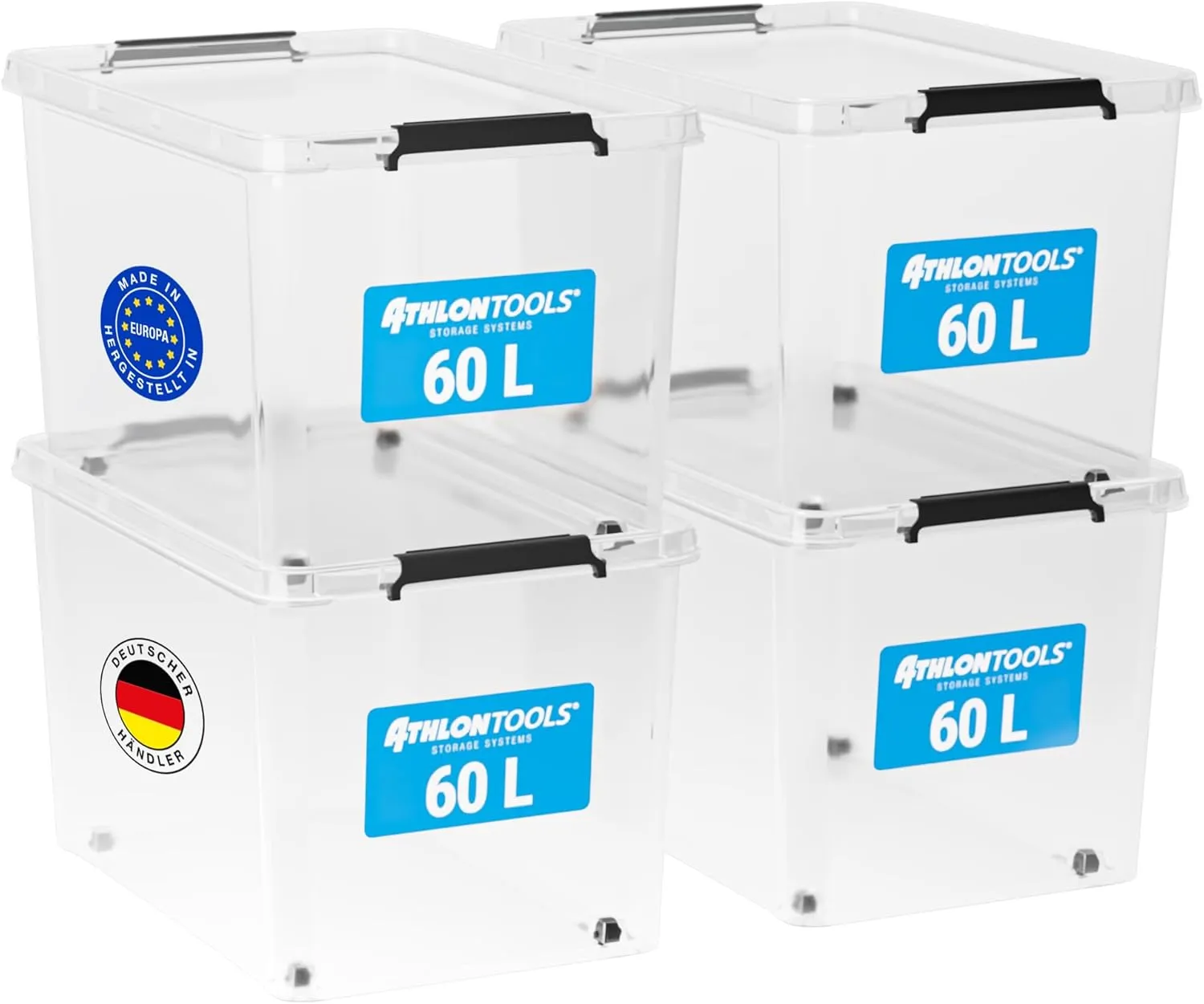 ATHLON TOOLS 4er Set 60l Aufbewahrungsboxen mit Deckel - BPA-freie & lebensmittelechte Aufbewahrungsbox mit Verschlussc…