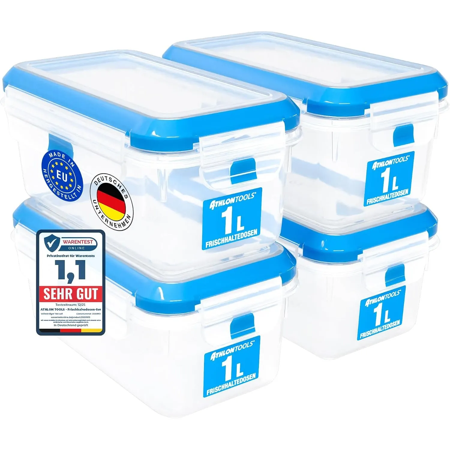 ATHLON TOOLS 4x 1L Frischhaltedosen-Set in Gastro-Qualität Auslaufsicher