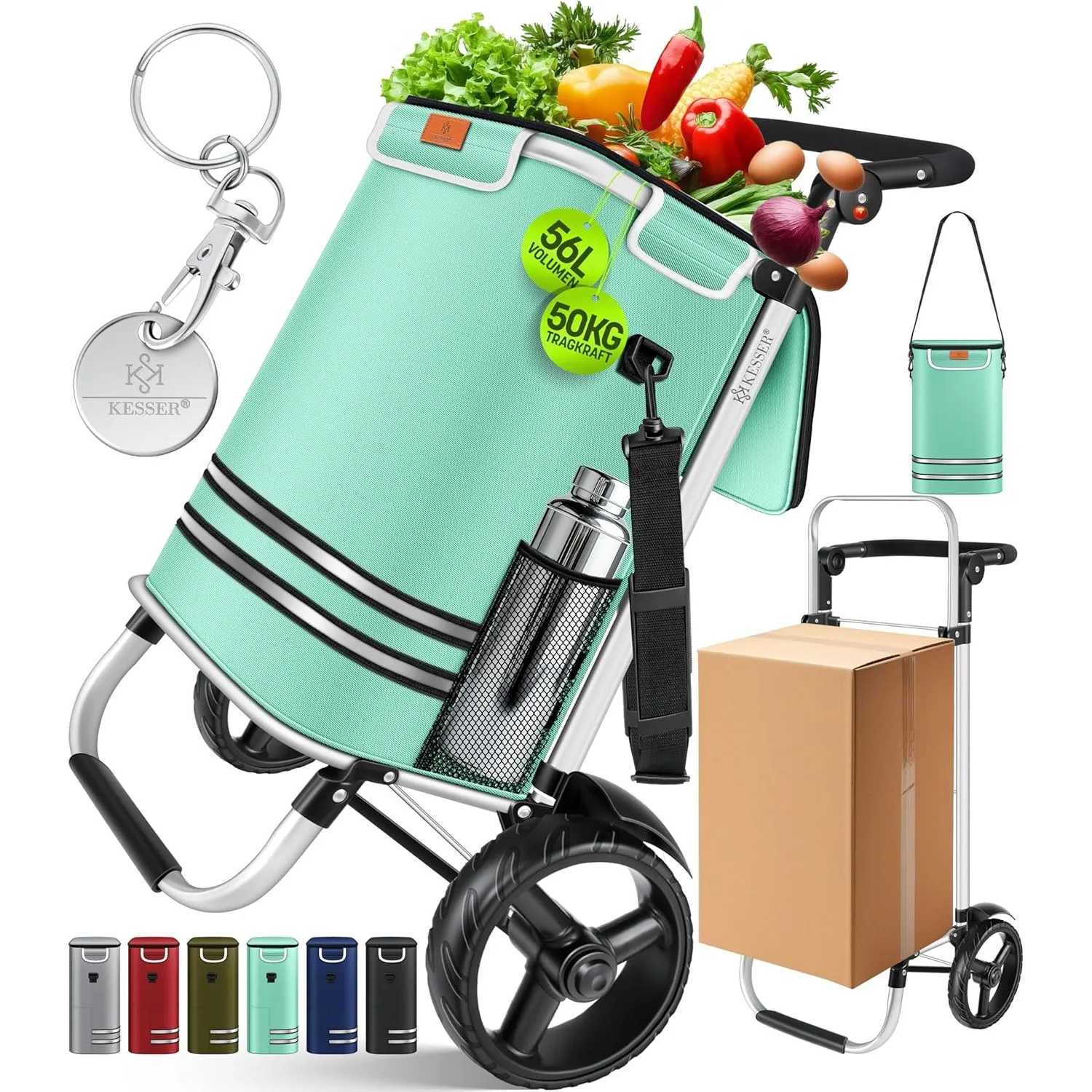 KESSER® Einkaufstrolley klappbar mit 56L Kapazität und belastbar bis 50kg | 3in1 Trolley Sackkarre & Umhängetasche | Fa…