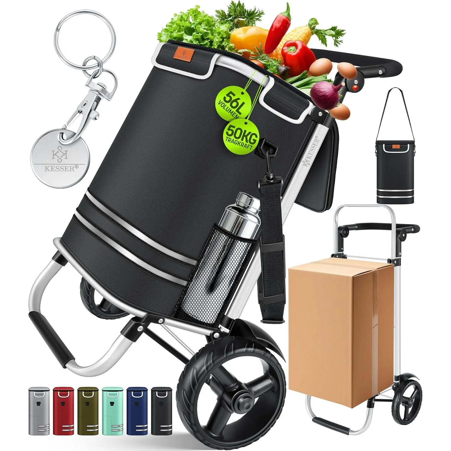 KESSER® Einkaufstrolley klappbar mit 56L Kapazität und belastbar bis 50kg | 3in1 Trolley Sackkarre & Umhängetasche | Fa…