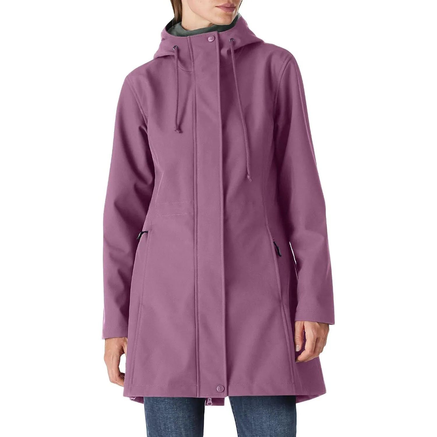 Damen Regenjacke Lange Softshelljacke mit Kapuze Frauen Übergangsjacke Regenmantel Gefütterte Funktionsjacke Wasserdich…