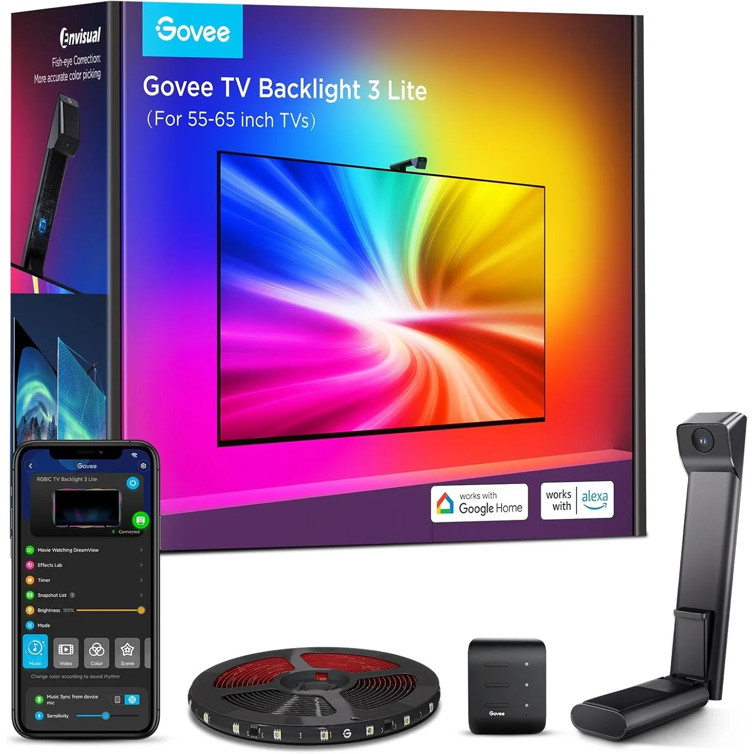 Govee TV Hintergrundbeleuchtung 3 Lite mit Fish-Eye Korr,für 55-65 Zoll TVs
