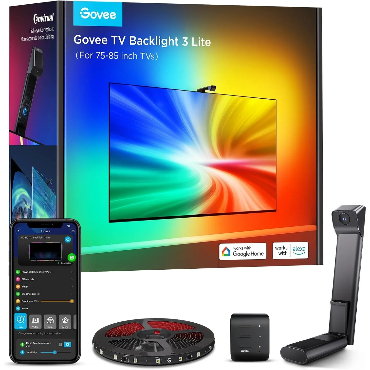Govee TV Hintergrundbeleuchtung 3 Lite Fish‑Eye‑Korr, RGBICW für 75-85 Zoll