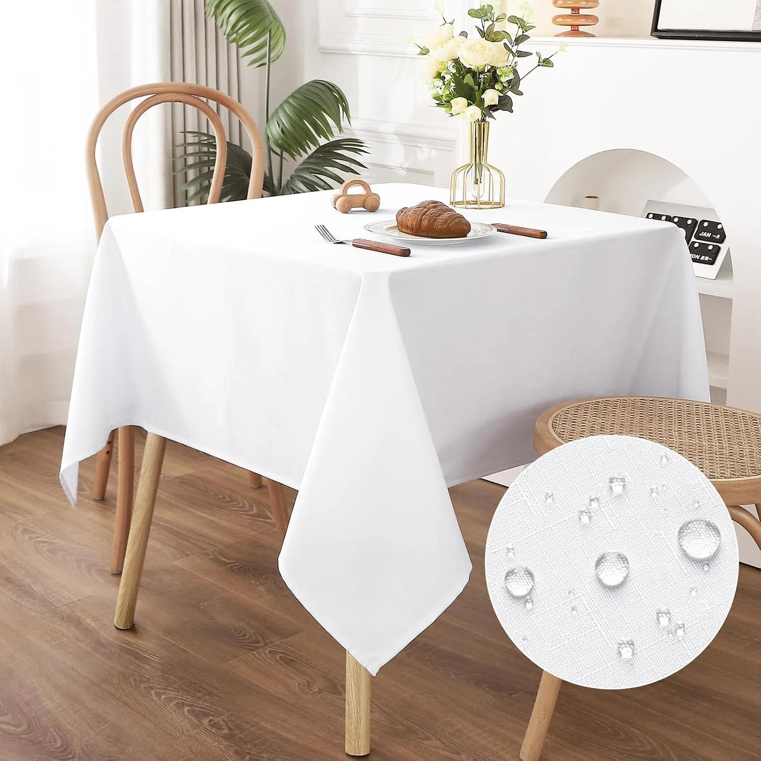 AooHome Tischdecke Abwaschbar Weiß, 120x120cm Tischdecken Leinen-Optik Tischtuch aus Polyester Wasserabweisend mit Lotu…