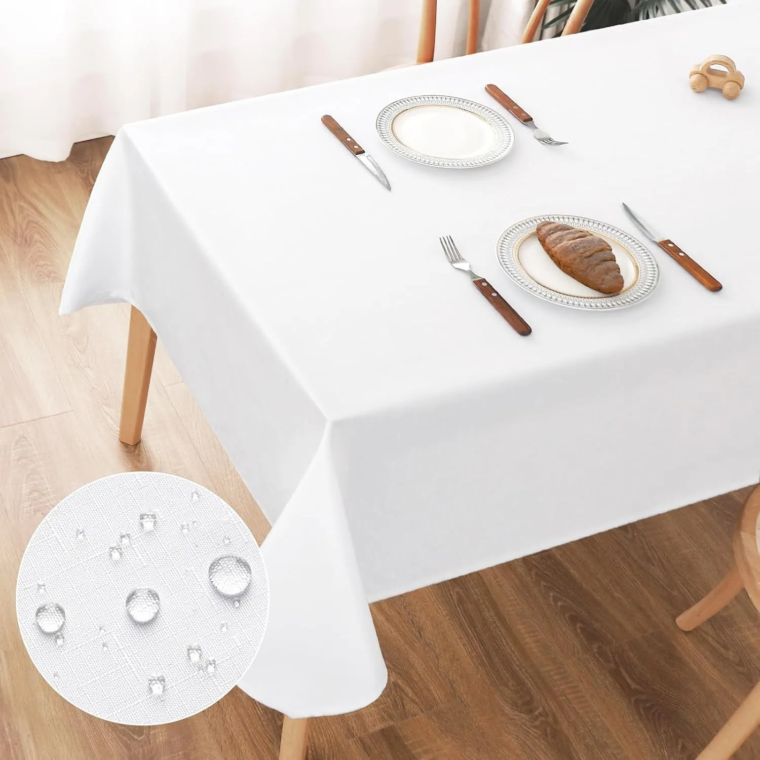 AooHome Tischdecke Abwaschbar Weiß, 100x140cm Tischdecken Leinen-Optik Tischtuch aus Polyester Wasserabweisend mit Lotu…