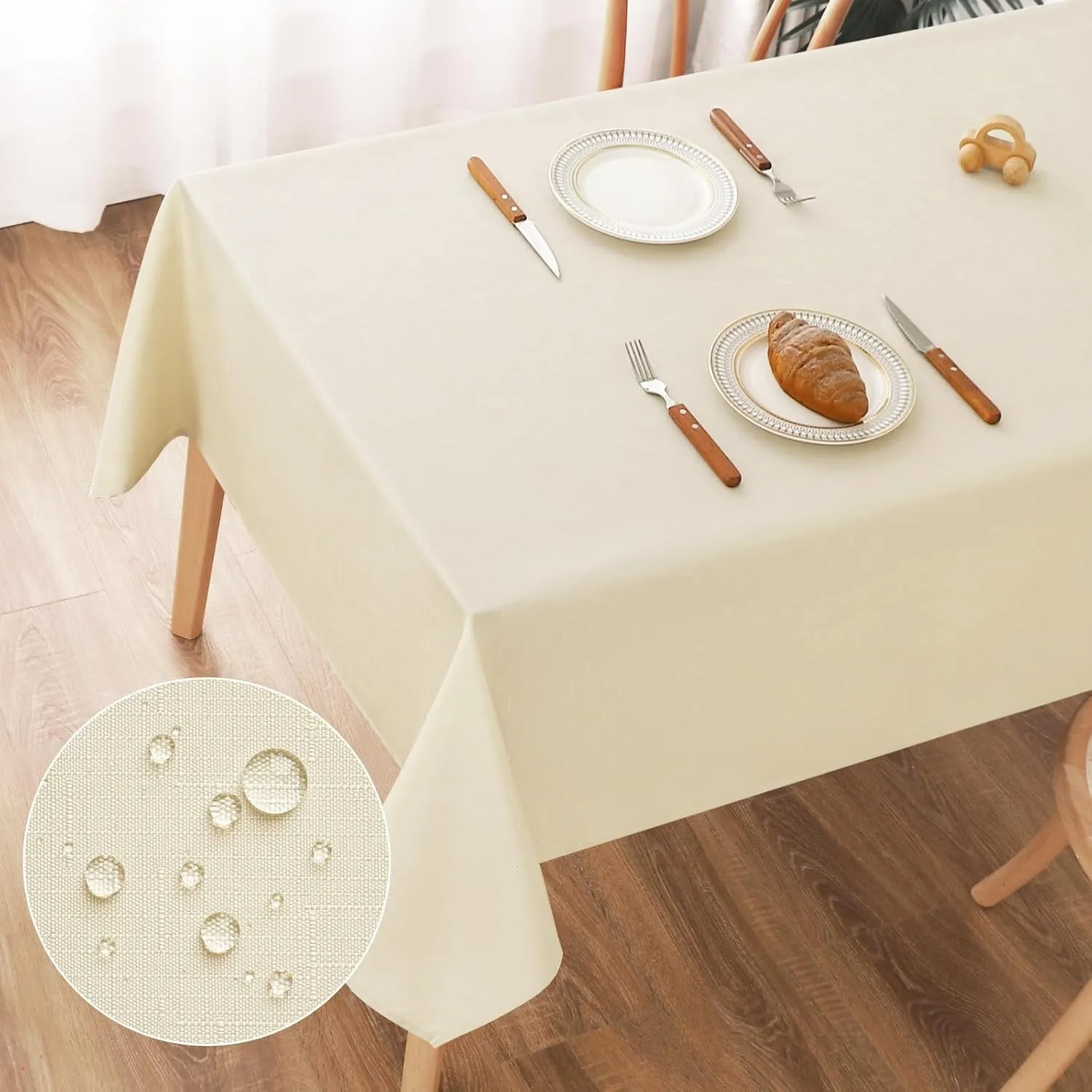 AooHome Tischdecke Abwaschbar Beige, 100x140cm Tischdecken Leinen-Optik Tischtuch aus Polyester Wasserabweisend mit Lot…