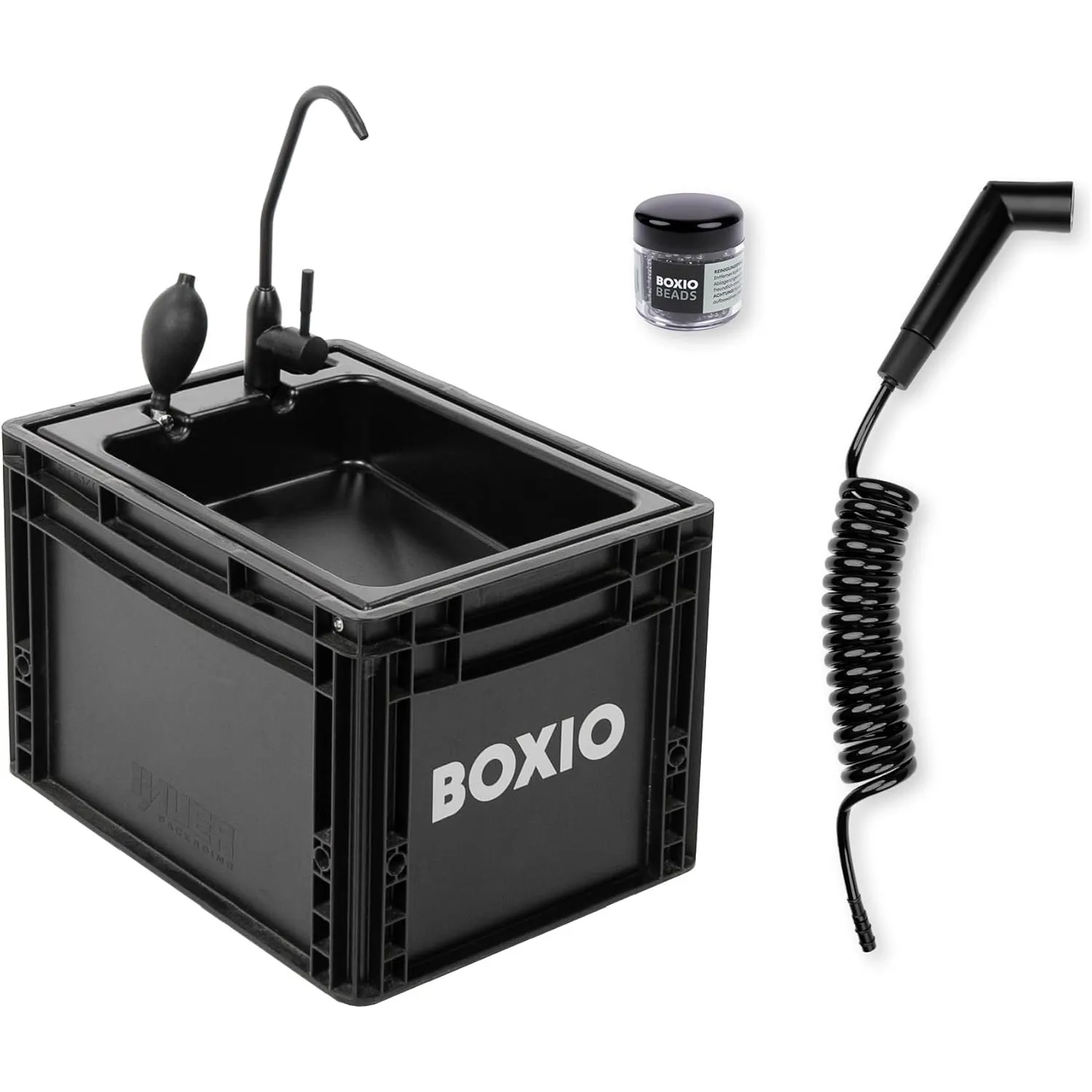 BOXIO - WASH Plus: Mobiles 40x30 Spülbecken Komplettset: Campingdusche + Reinigungsperlen + Spiegel, Camping Waschbecke…