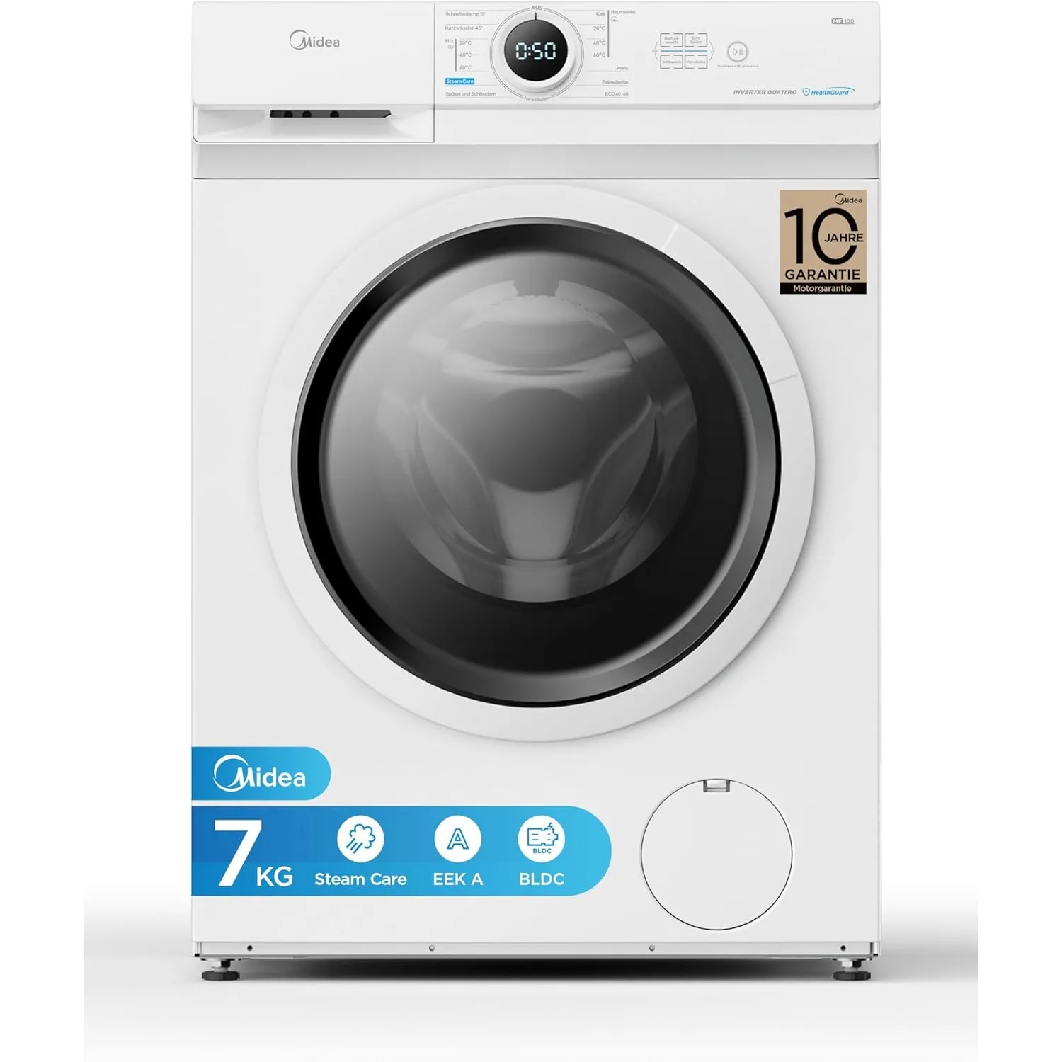 Midea MF10EW70B Waschmaschine / 7kg / 1400 U/Min/EEK A/Inverter Quattro Motor/Dampffunktion/Grosse Trommel/Nachlegefunk…