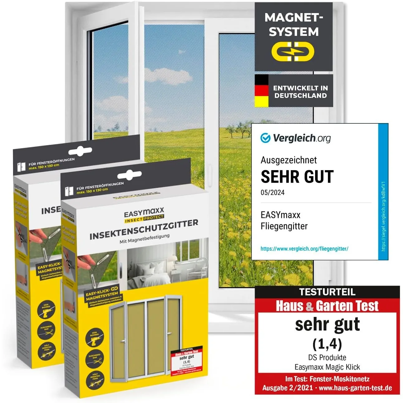 EASYmaxx Fliegengitter für Fenster mit Magic Click | Moskitonetz individuell zuschneidbar für alle Fenster bis 150 x 13…