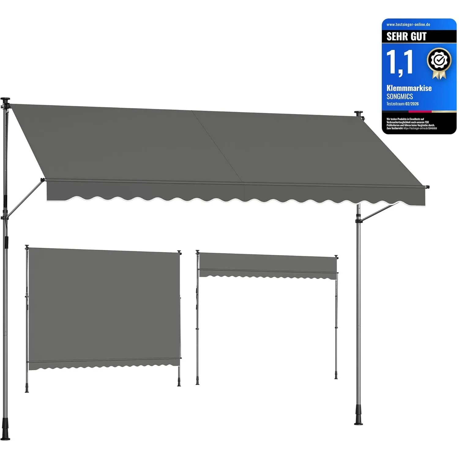SONGMICS Klemmmarkise, Balkonmarkise, höhenverstellbar, mit Handkurbel, Sonnenschutz, für Balkon, Terrasse, Garten, 350…