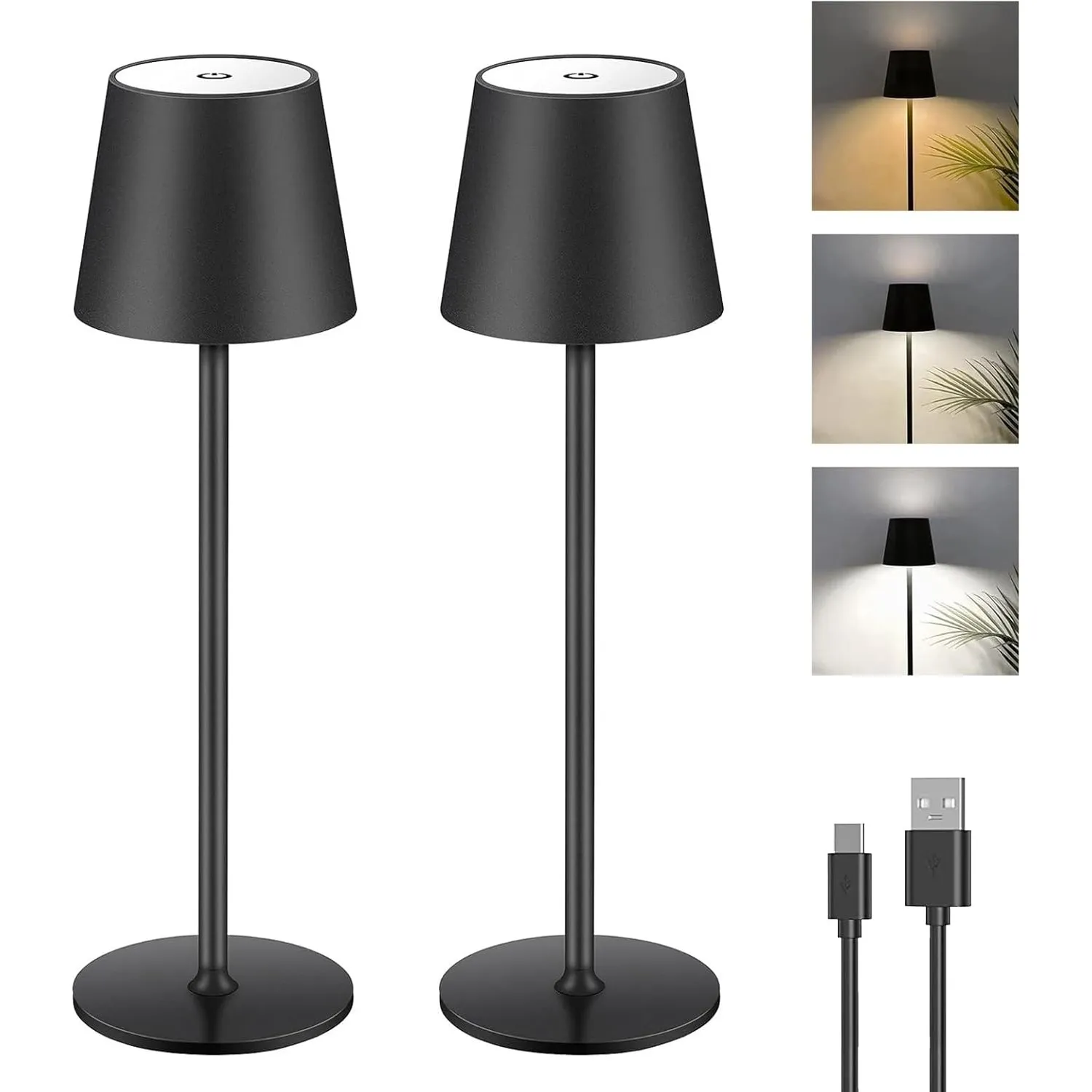 2 Stück Dimmbare LED Akku Tischlampe, Touch Kabellose Tischleuchte mit USB-C, Metall LED Wiederaufladbar Akku Tischlamp…