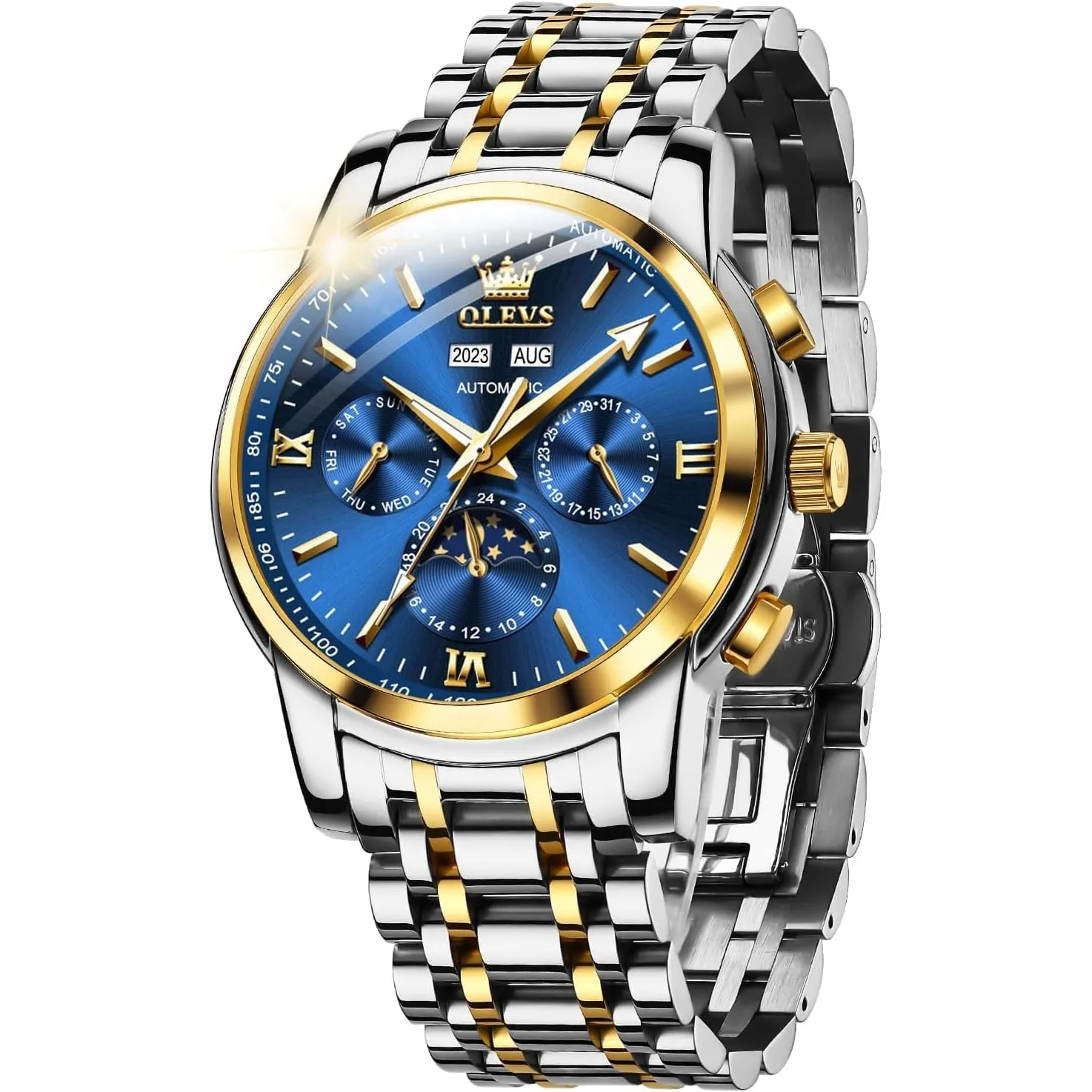 OUPINKE Herrenuhr Automatik Mechanische Armbanduhr mit Mondphase Wasserdicht Luminous Tag Datum Zweifarbige Edelstahlar…