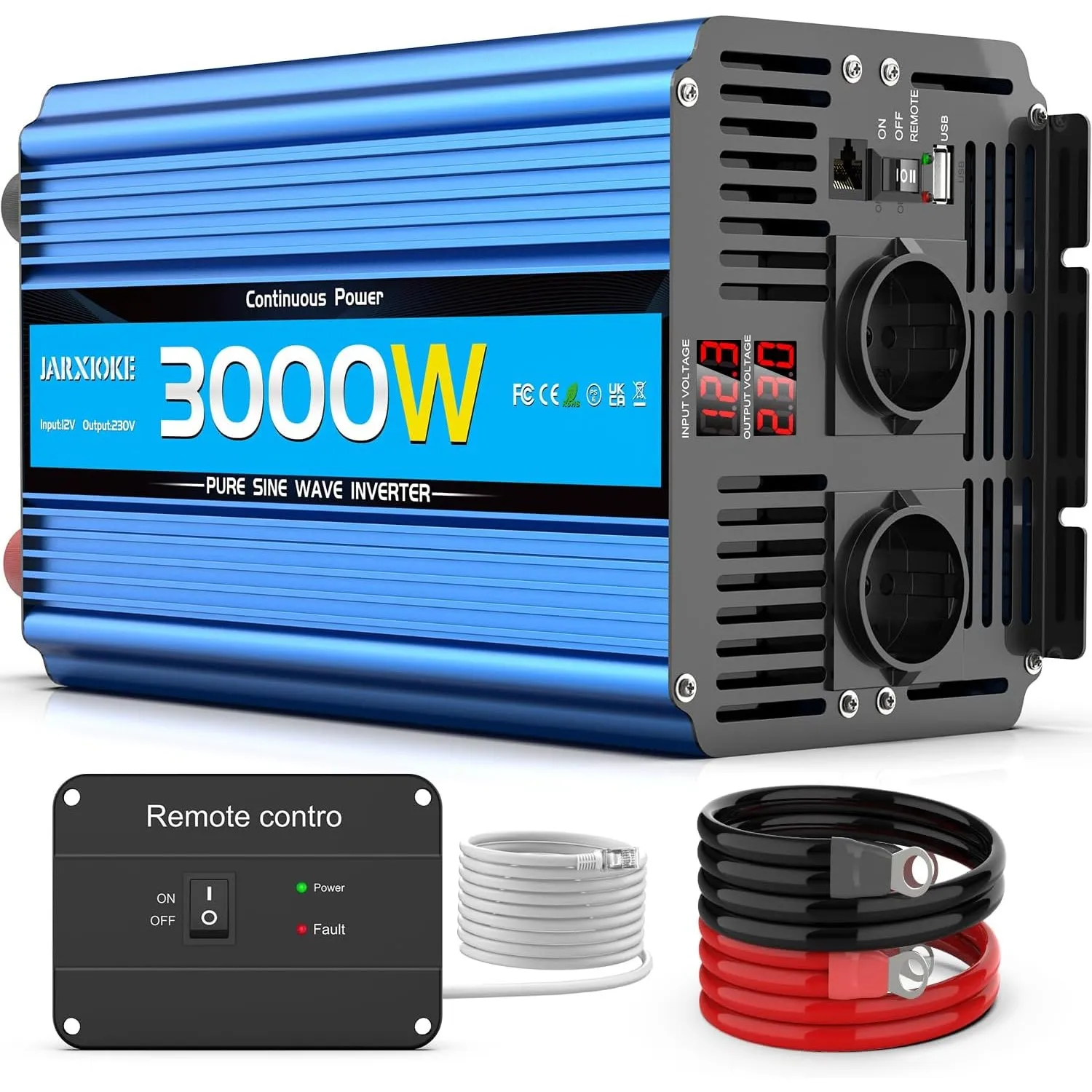 Wechselrichter 12V auf 230V 3000W/6000W Reiner Sinus Spannungswandler mit Fernbedienung,LED-Anzeige,EU AC Steckdosen,US…