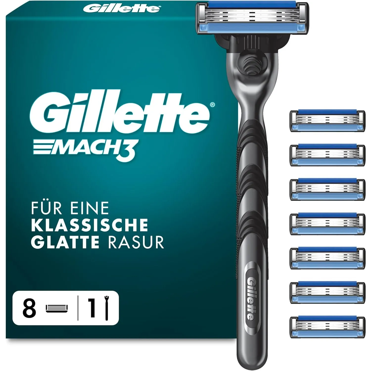 Gillette Mach3 Rasierer Herren — Inkl.1 Nassrasierer und 8 Rasierklingen mit 3-Fach Klinge, Geschenk für Männer — Schwa…