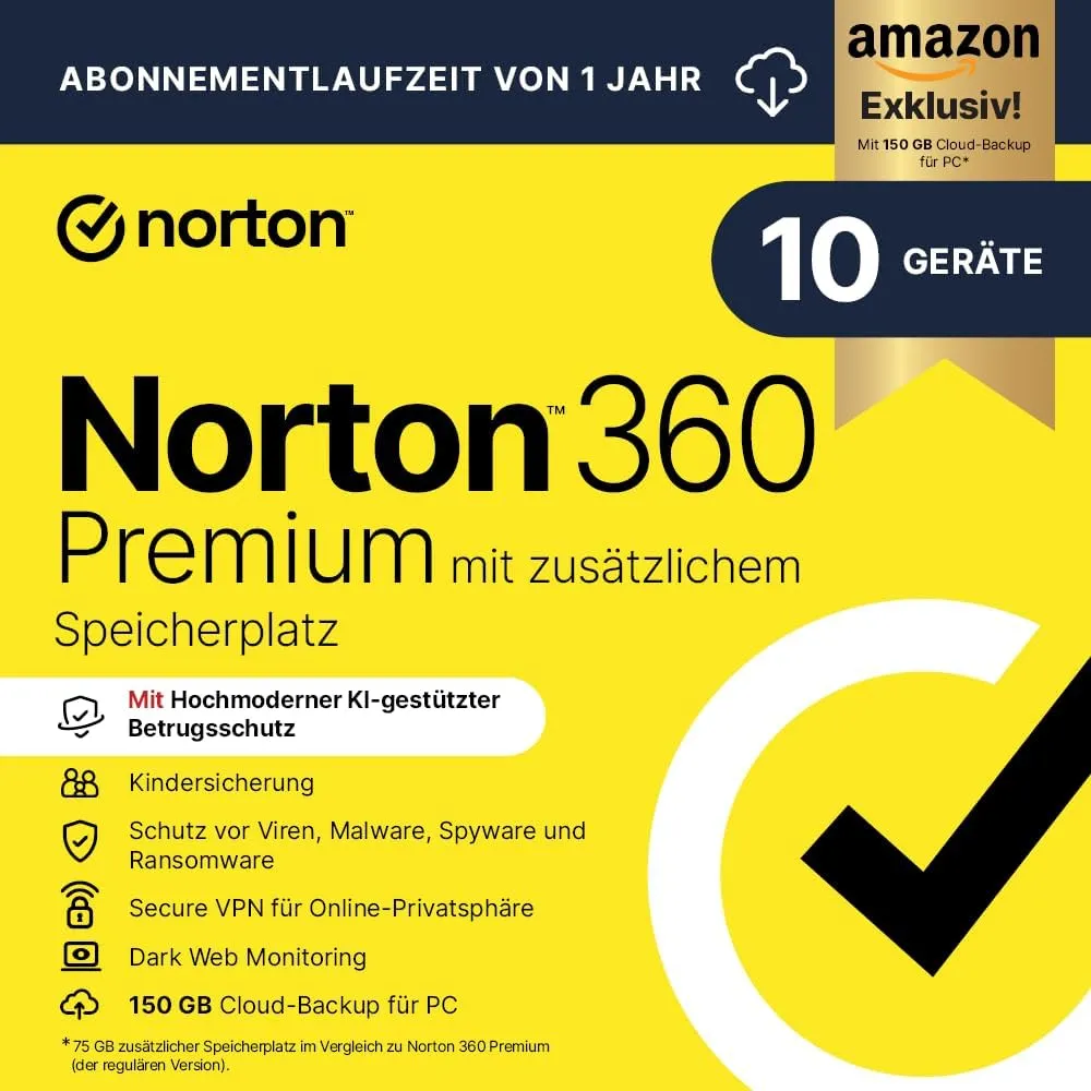 Norton 360 Premium mit extragroßer Backup-Kapazität – Amazon Exklusiv* 75GB zusätzlicher Cloud-Backup Speicher. Antivir…