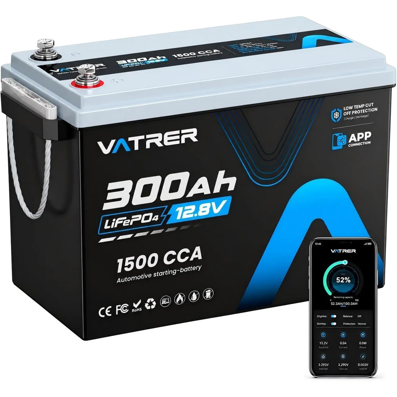 VATRER POWER 12V 300Ah LiFePO4 Batterie mit Bluetooth APP