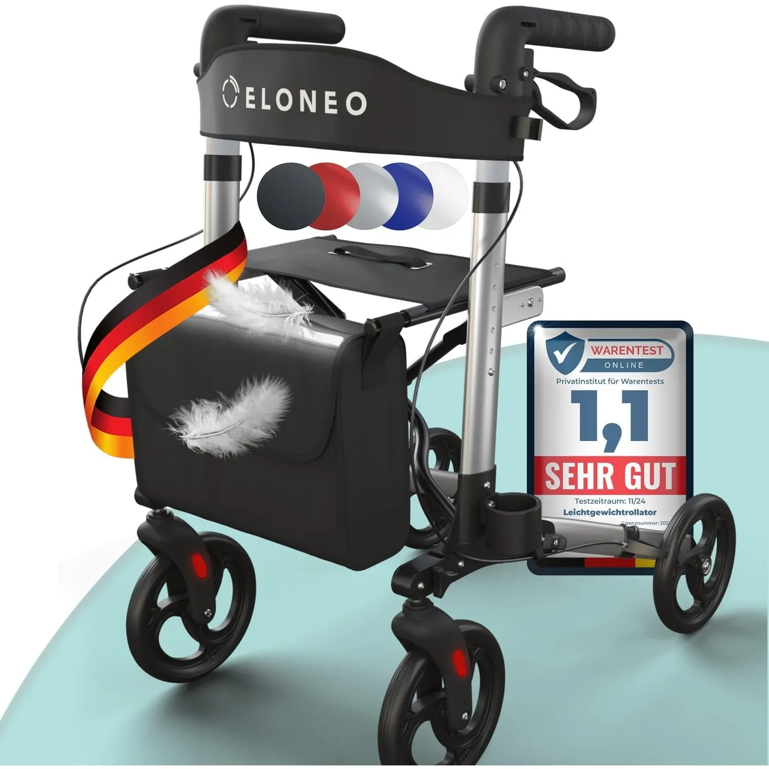 ELONEO Rollator faltbar und leicht mit Sitz, Leichtgewicht-Reiserollator aus Aluminium, Gehhilfe 8-fach höhenverstellba…