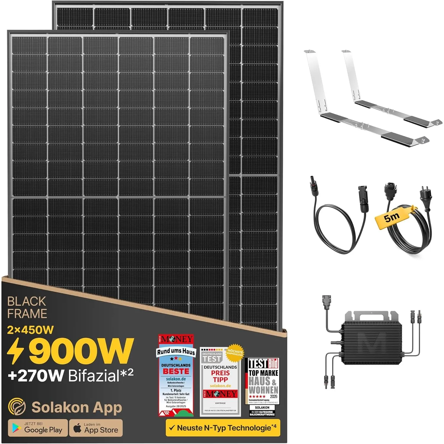 Solakon 900W Balkonkraftwerk mit Halterung (Flachdach) - Balkonkraftwerk 800W komplett Steckdose - 800 Watt Wechselrich…