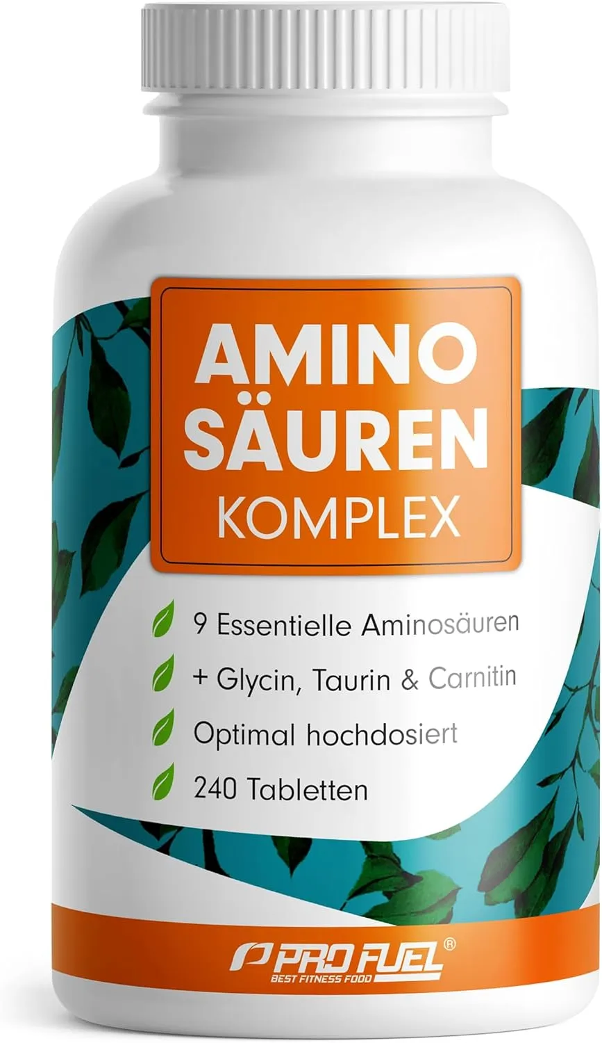 Aminosäuren Komplex hochdosiert - 240 Tabletten - 6.000 mg Aminosäuren pro Tag - 9 essentielle Aminosäuren + 3 Co-Faktoren: Taurin, Carnitin & Glycin - laborgeprüft mit Zertifikat - 100% vegan
