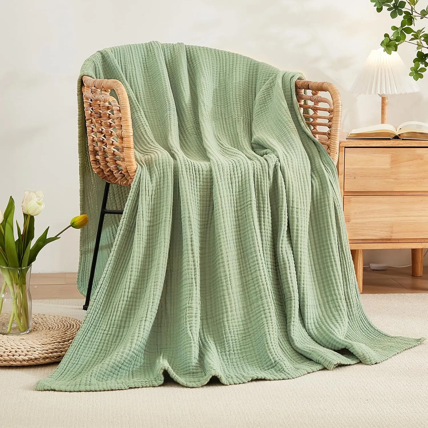 EMME Musselin-Decke Erwachsene 100% Baumwolle, 152 x 203 cm Gras Grün Sommer-Überwurf Decken für Couch, atmungsaktive G…