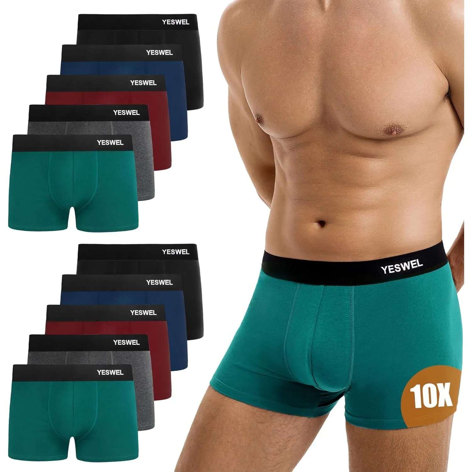 YESWEL Boxershorts Herren 10er Pack, Ohne Kratzenden Zettel Unterhosen, Atmungsaktive Männer Unterwäsche, Baumwolle Ret…