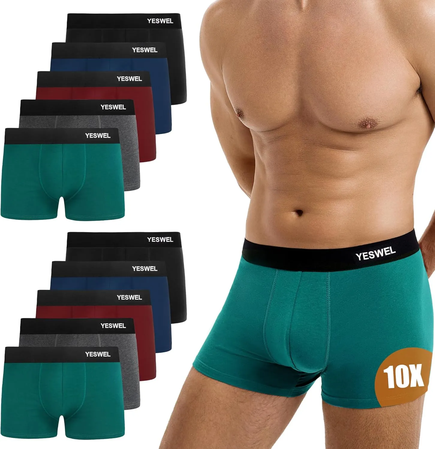 YESWEL Boxershorts Herren 10er Pack, Ohne Kratzenden Zettel Unterhosen, Atmungsaktive Männer Unterwäsche, Baumwolle Ret…