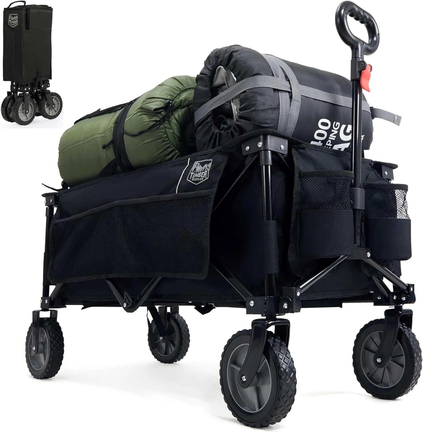 TIMBER RIDGE XXL Bollerwagen Faltbar Strand Handwagen mit Seitentasche Getränkehalter verstellbarem Griff, Gartenwagen Strandwagen für Alle Gelände, Draussen Camping Einkaufen, 100kg Belastbarkeit
