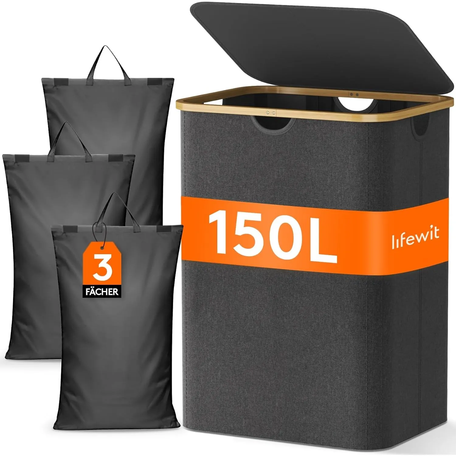 Lifewit 150L Wäschekorb mit 3 Fächern und Deckel, Dunkelgrau